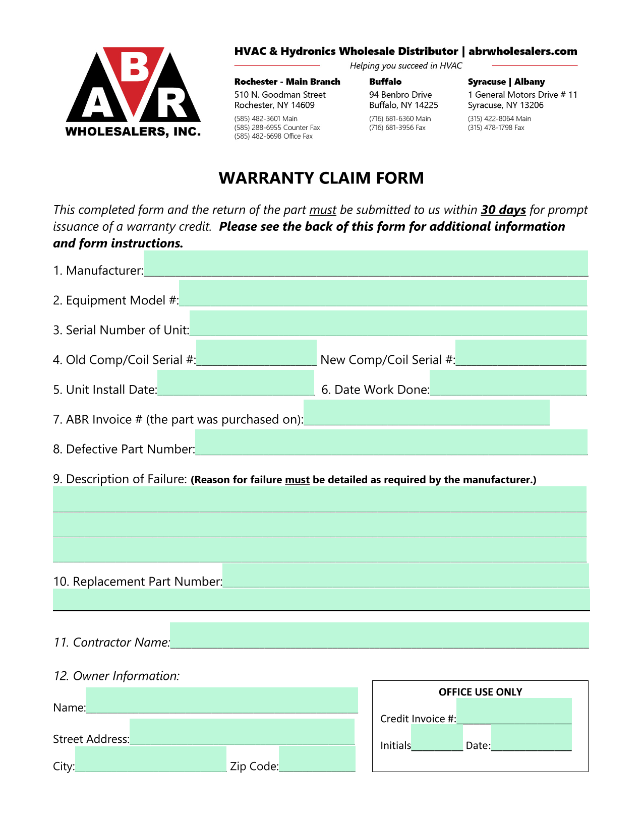 WARRANTY CLAIM FORM screenshot