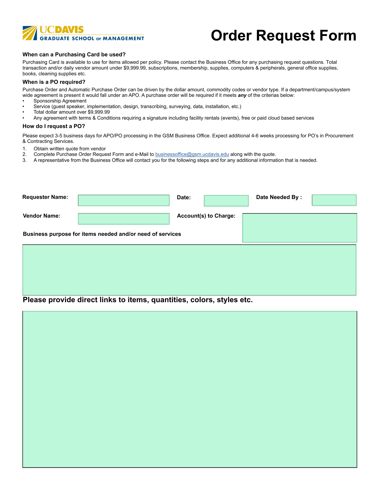 Order Request Form screenshot