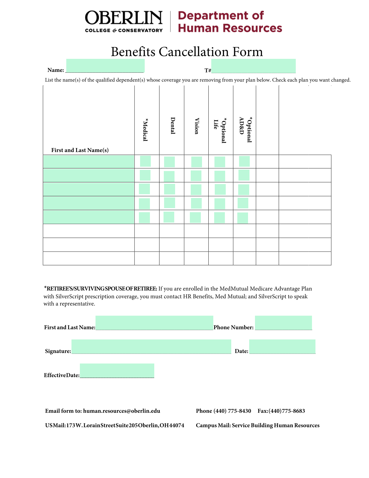 Benefits Cancellation Form screenshot