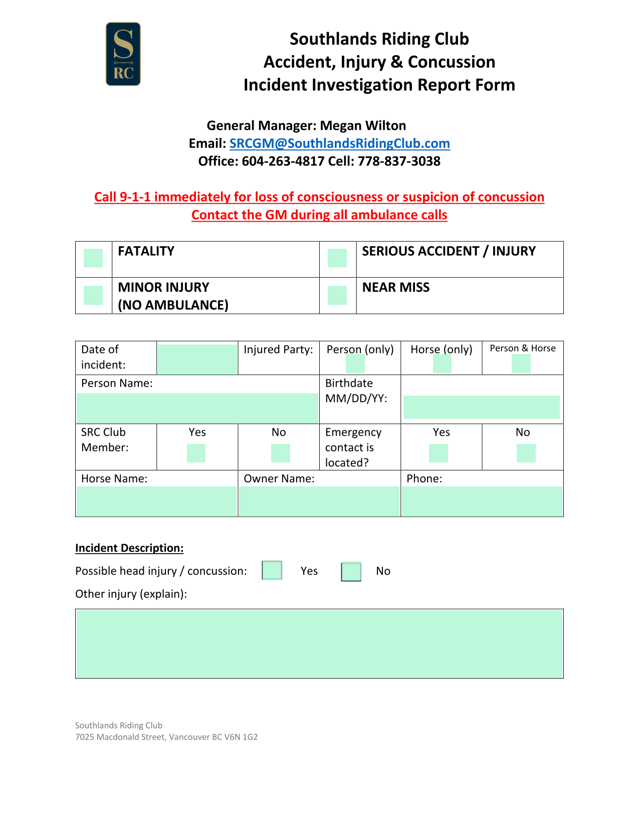 Accident, Injury  Concussion Incident Investigation Report Form screenshot