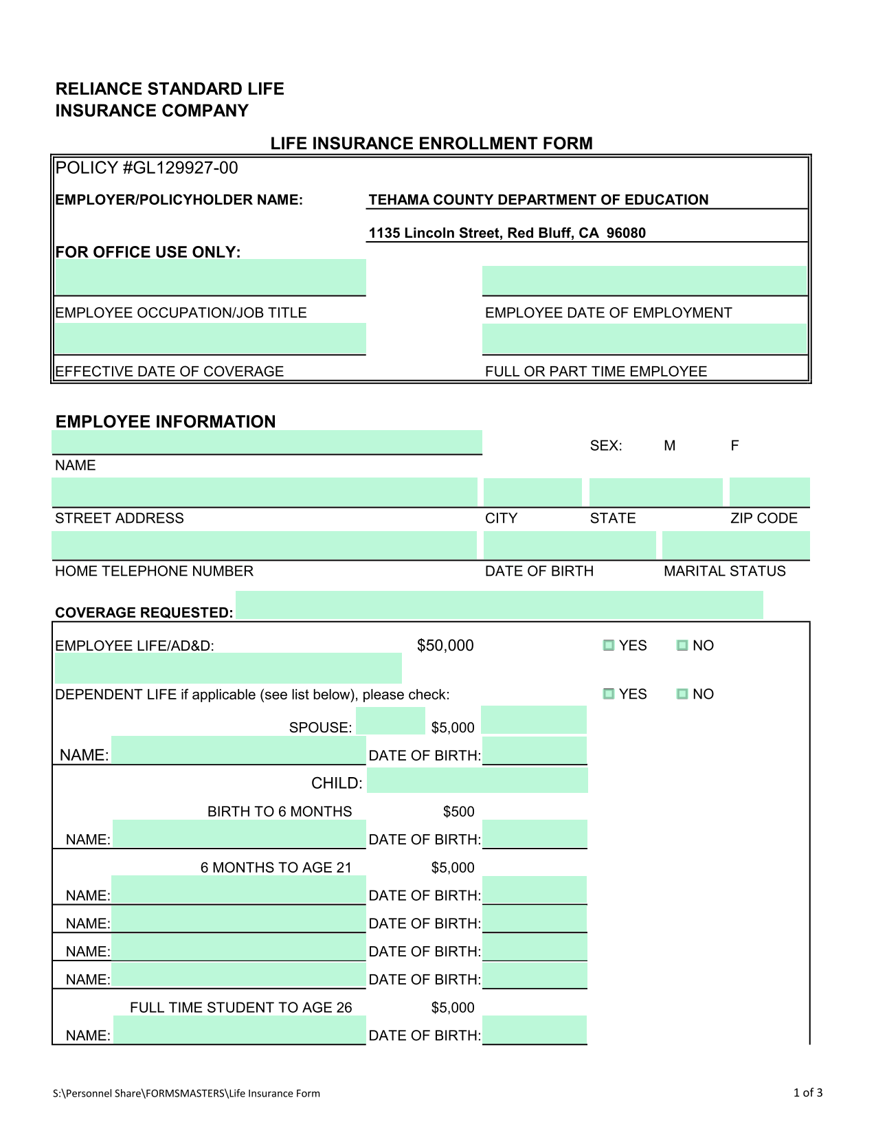 Life Insurance Enrollment Form screenshot