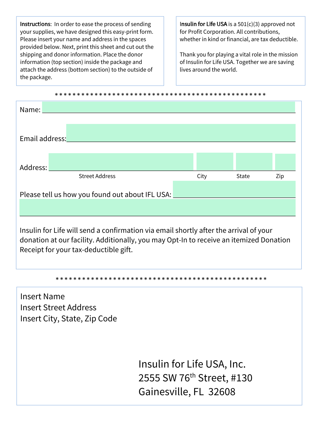 Insulin For Life USA Donation Form screenshot