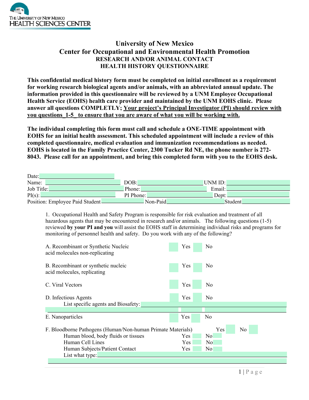 Research AndOr Animal Contact Health History Questionnaire screenshot