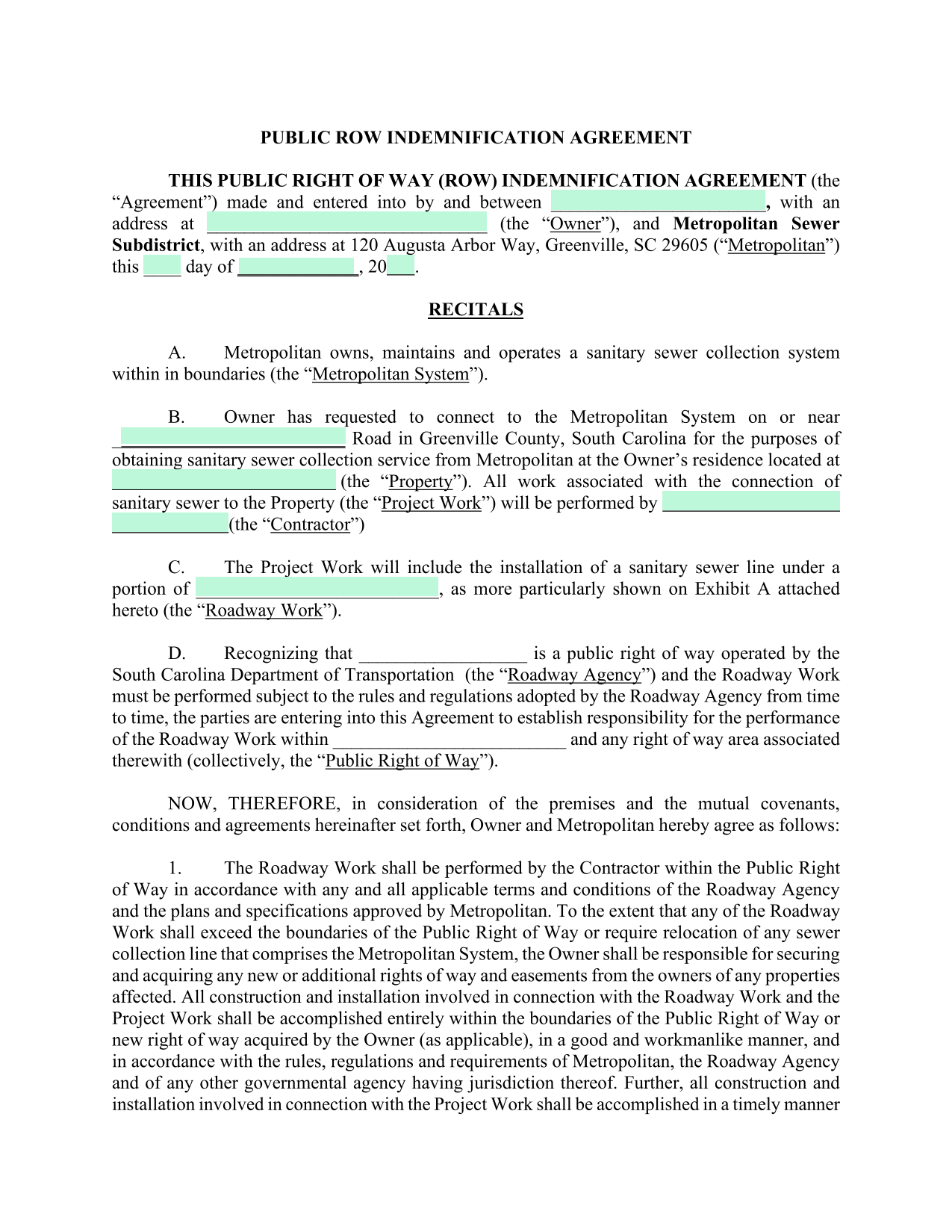 PUBLIC ROW INDEMNIFICATION AGREEMENT screenshot