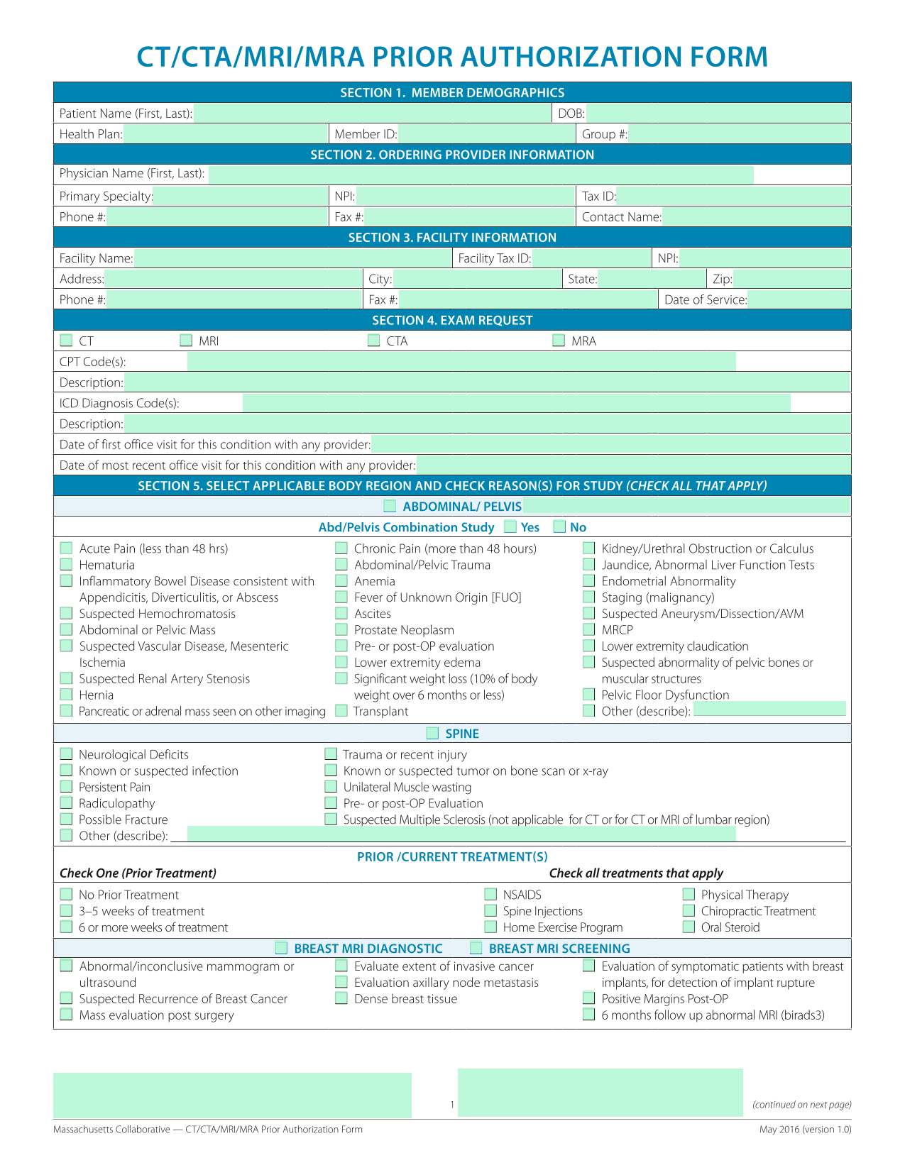 Massachusetts Collaborative  CTCTAMRIMRA Prior Authorization Form screenshot