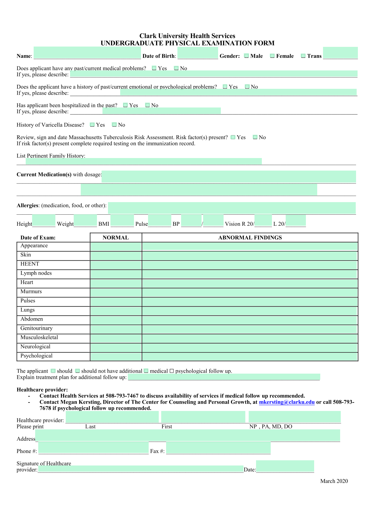 Undergraduate Physical Examination Form screenshot