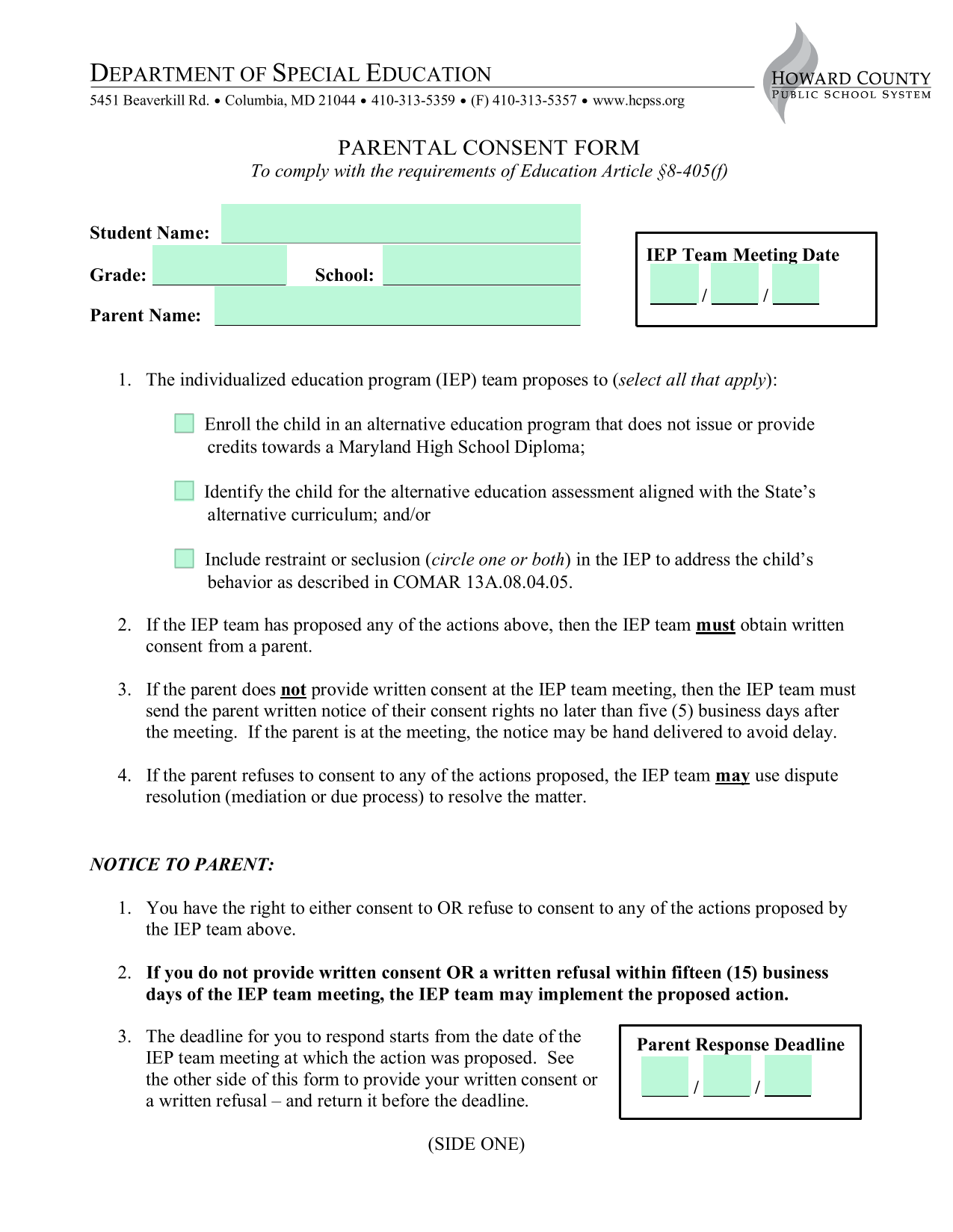 Parental Consent Form screenshot