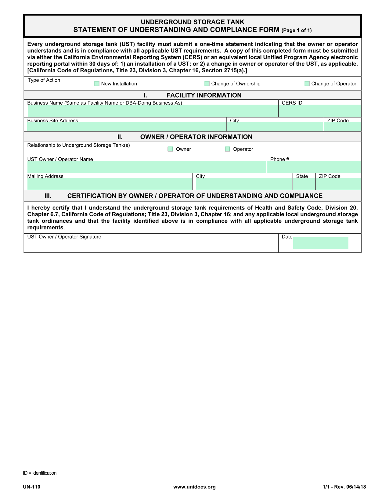 Underground Storage Tank Statement Of Understanding And Compliance Form screenshot