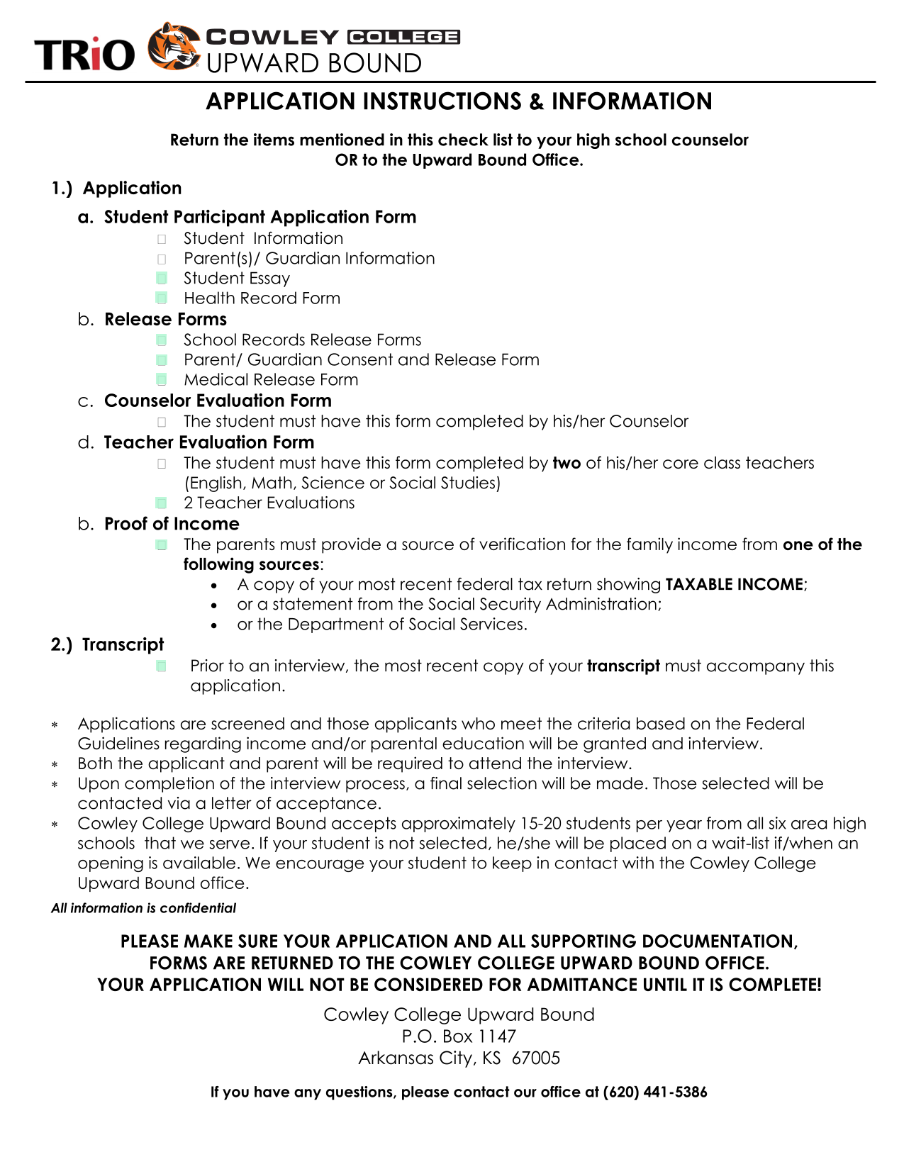 Upward Bound Application Instructions  Information screenshot