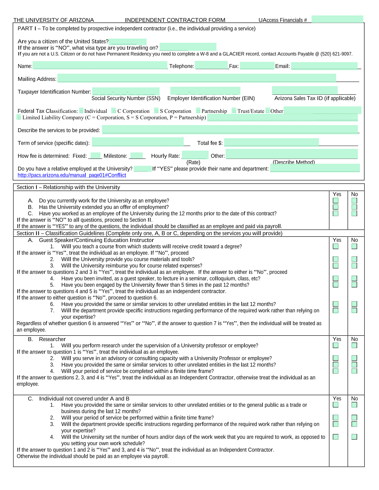 Independent Contractor Form screenshot