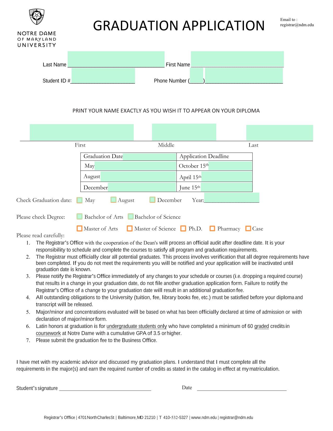 Graduation Application Form screenshot