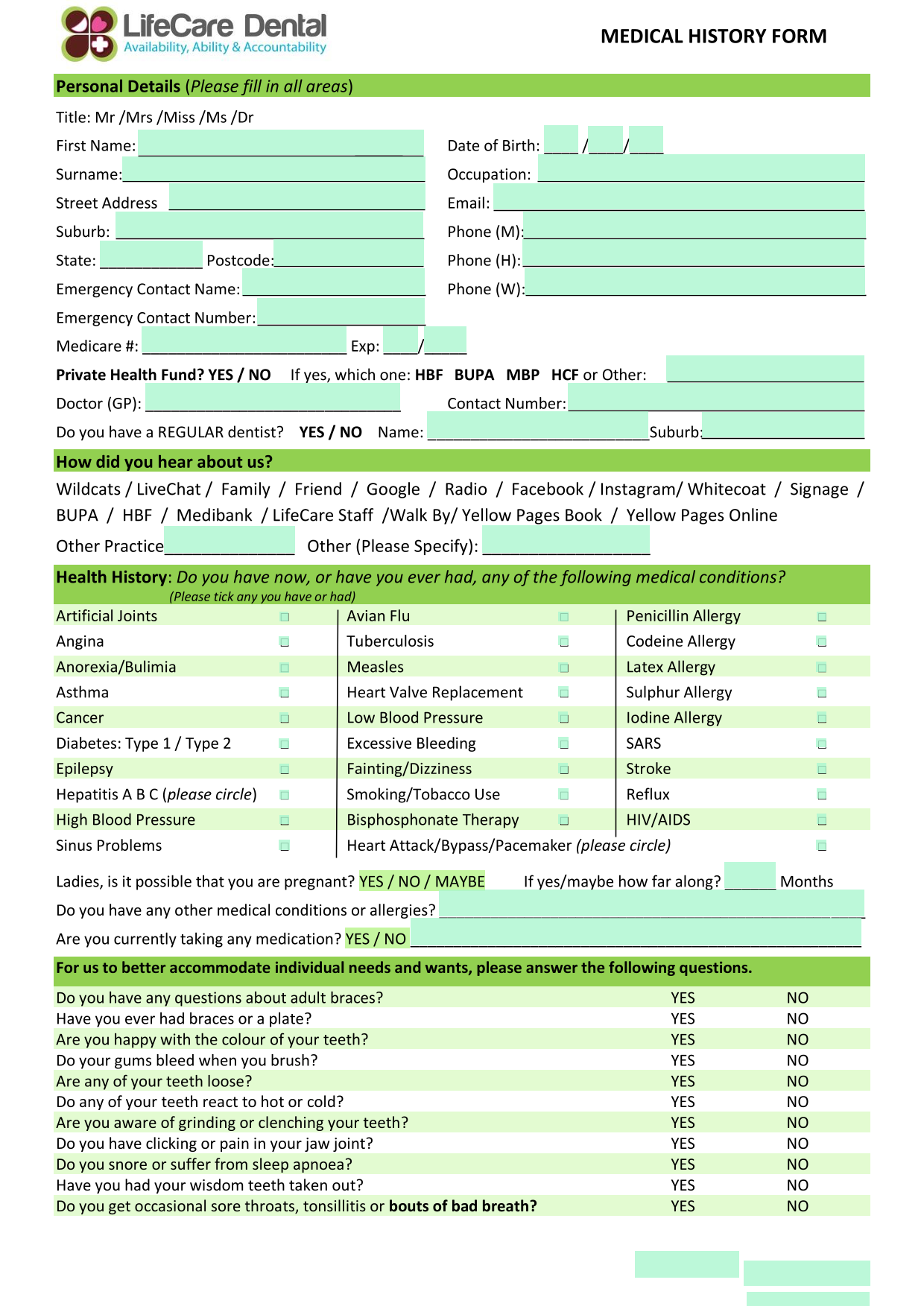 MEDICAL HISTORY FORM screenshot
