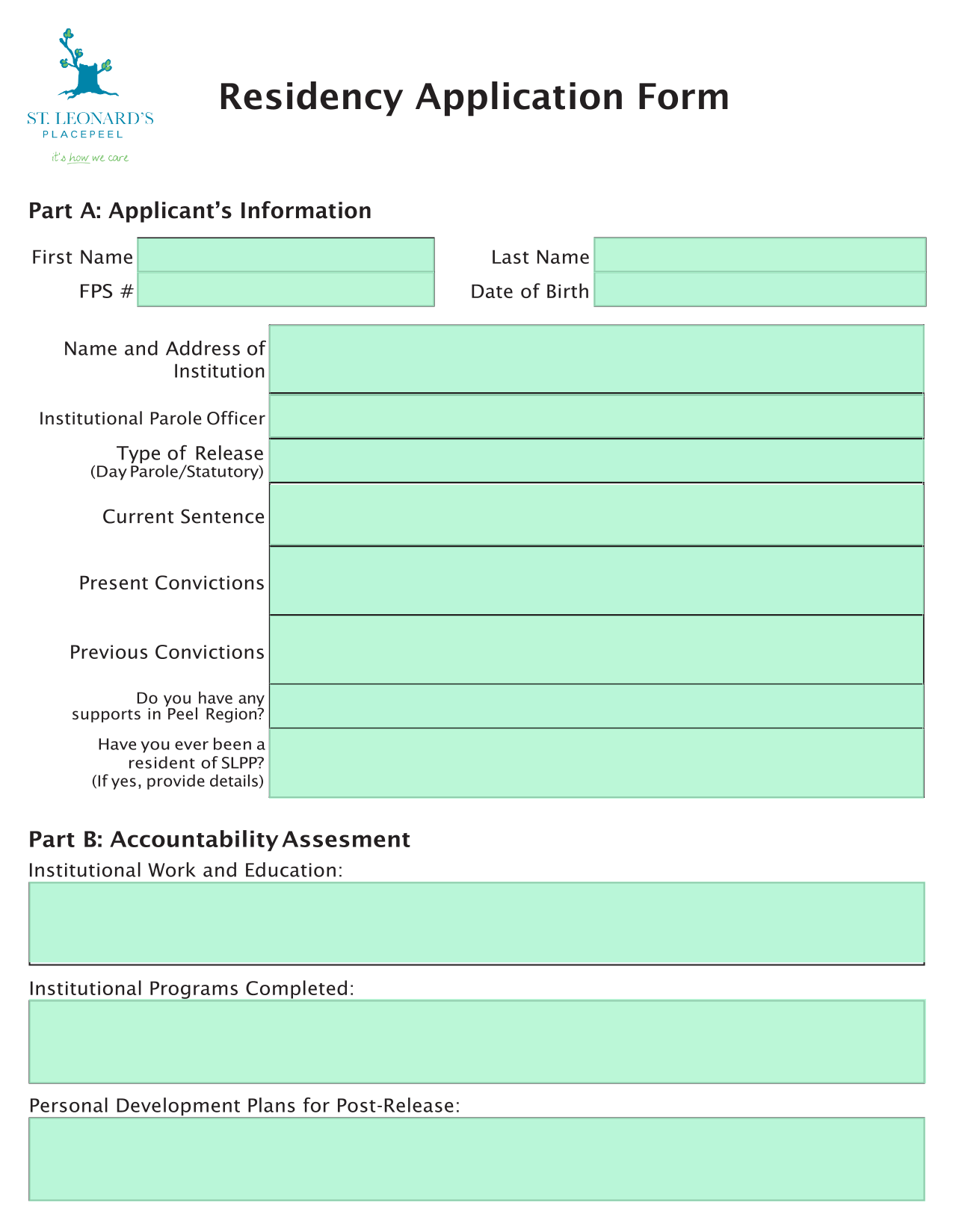 Residency Application Form screenshot