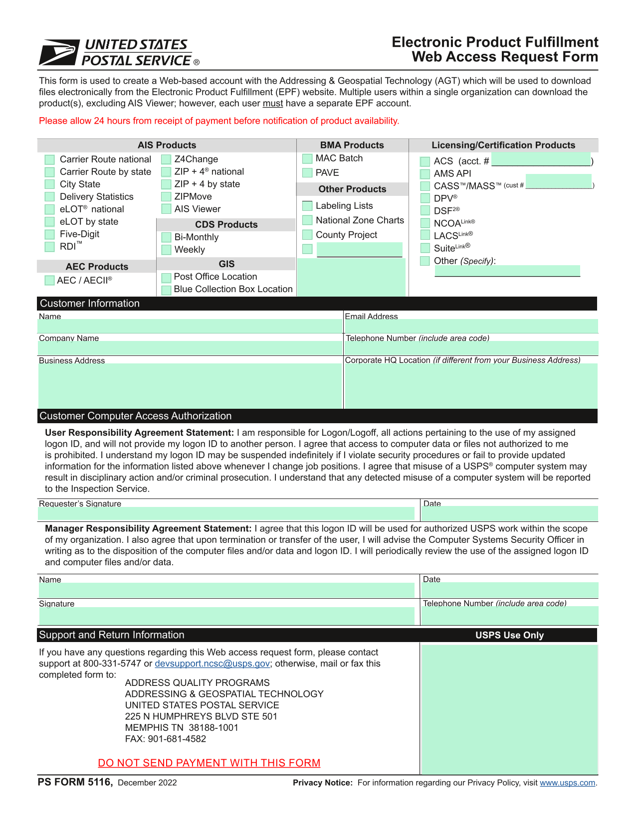 Electronic Product Fulfillment Web Access Request Form screenshot
