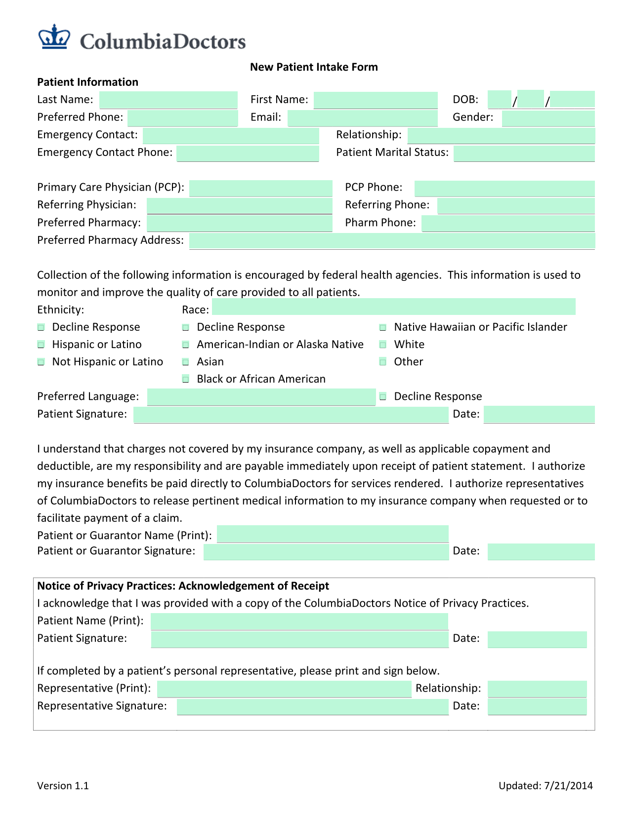 New Patient Intake Form screenshot