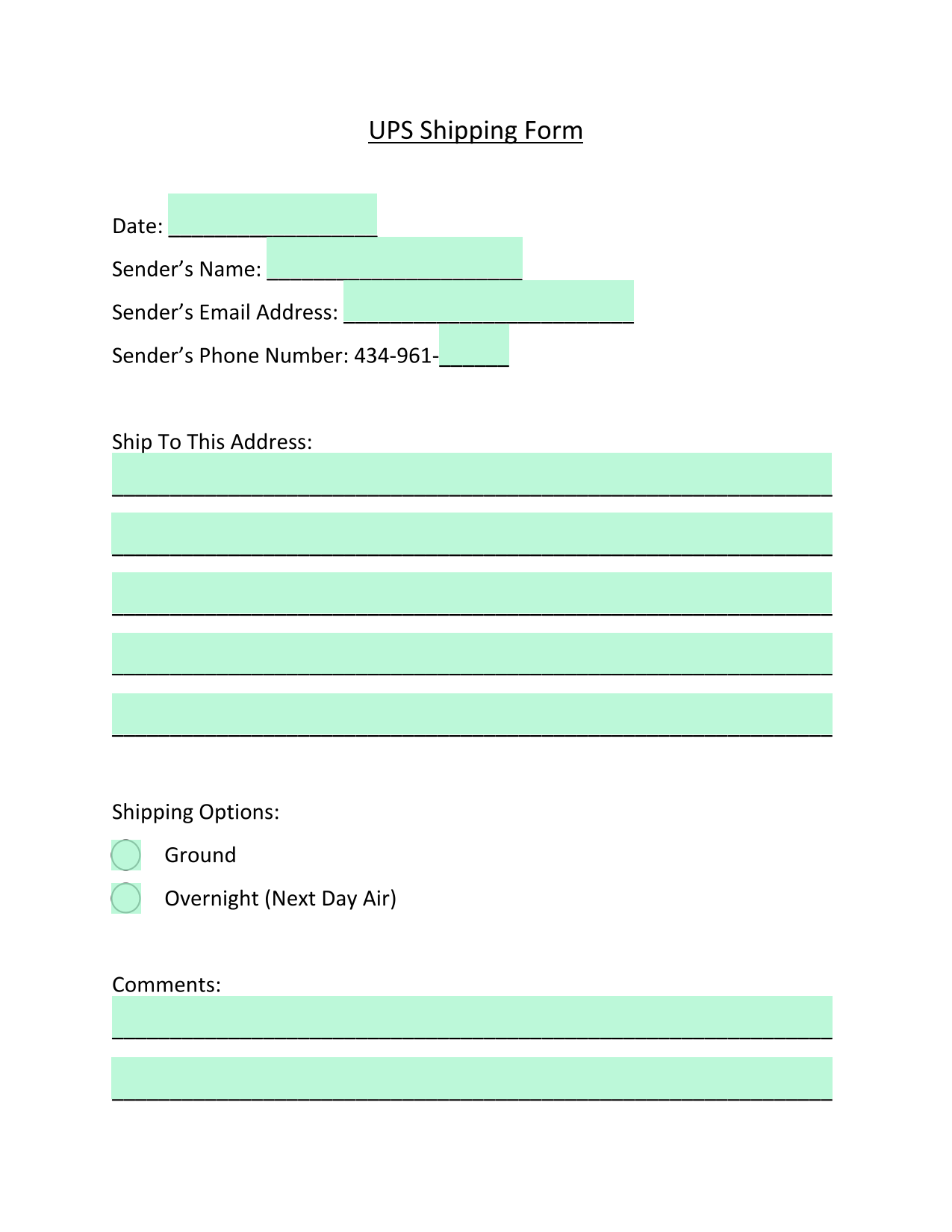 UPS Shipping Form screenshot
