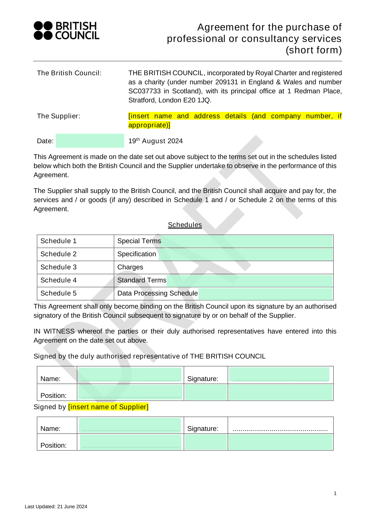 Agreement For The Purchase Of Professional Or Consultancy Services (Short Form) screenshot