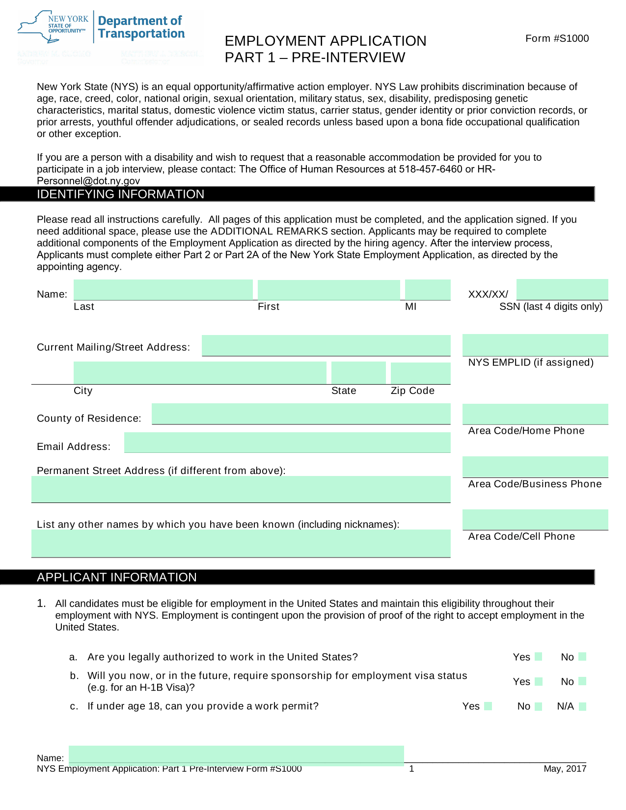 EMPLOYMENT APPLICATION PART 1  PRE INTERVIEW screenshot
