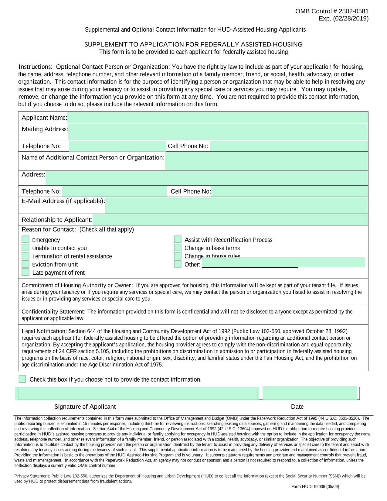 Supplemental And Optional Contact Information For HUD Assisted Housing Applicants screenshot