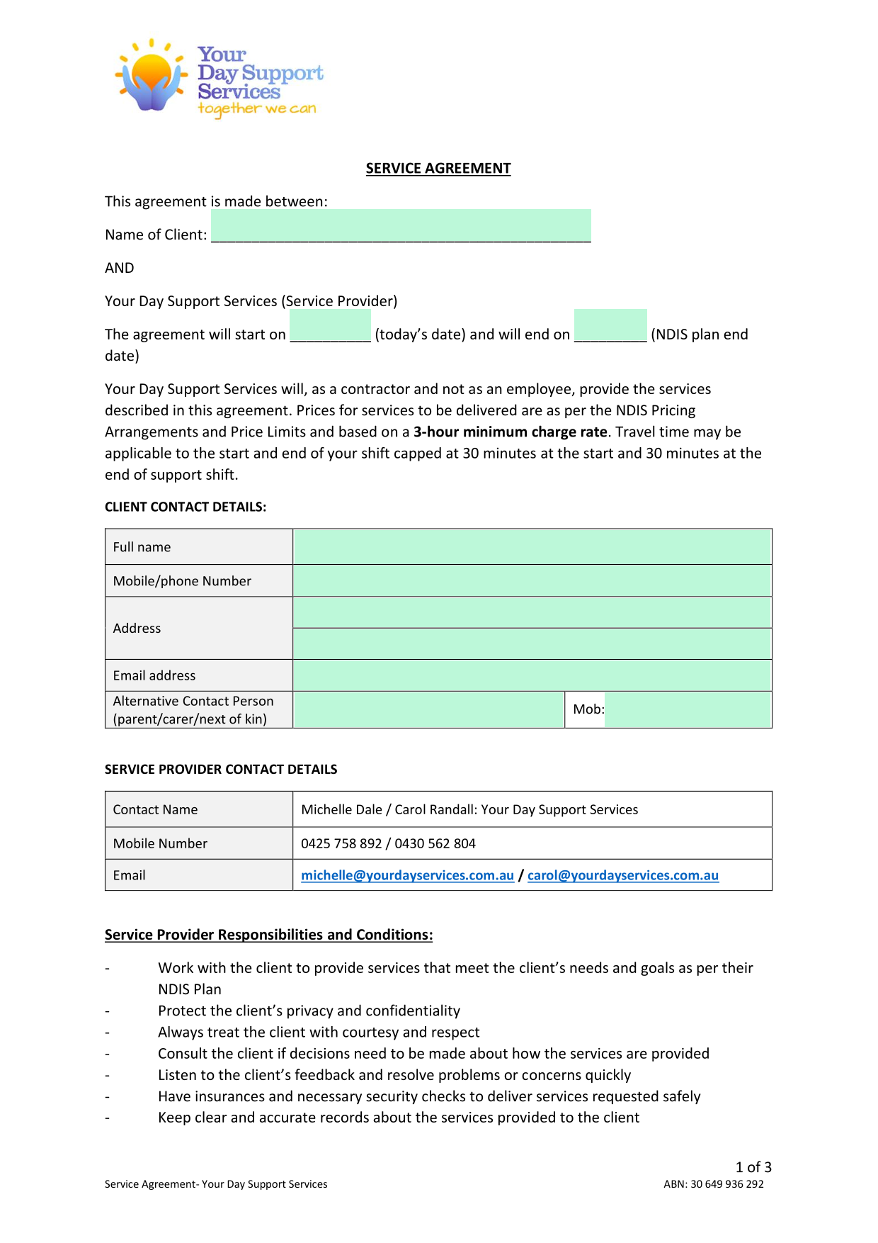 Service Agreement screenshot