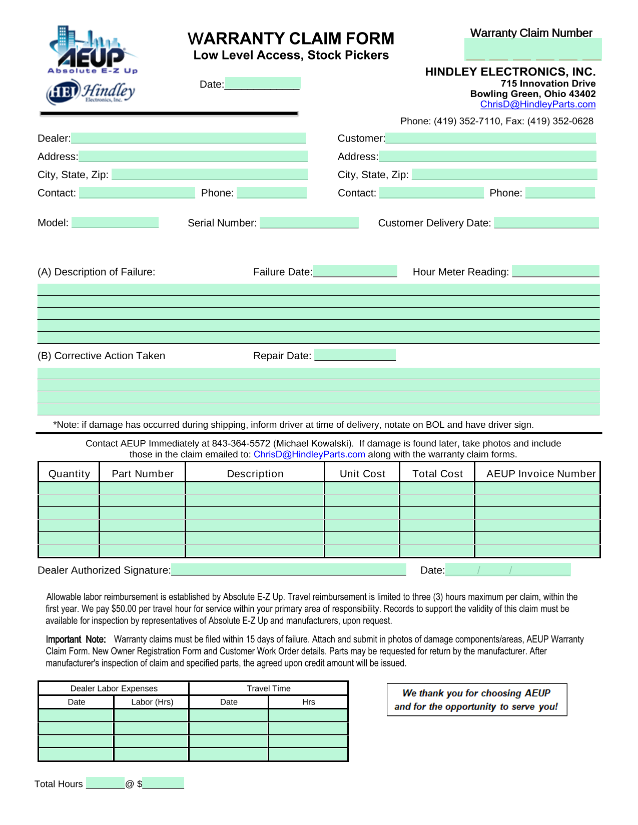 WARRANTY CLAIM FORM screenshot