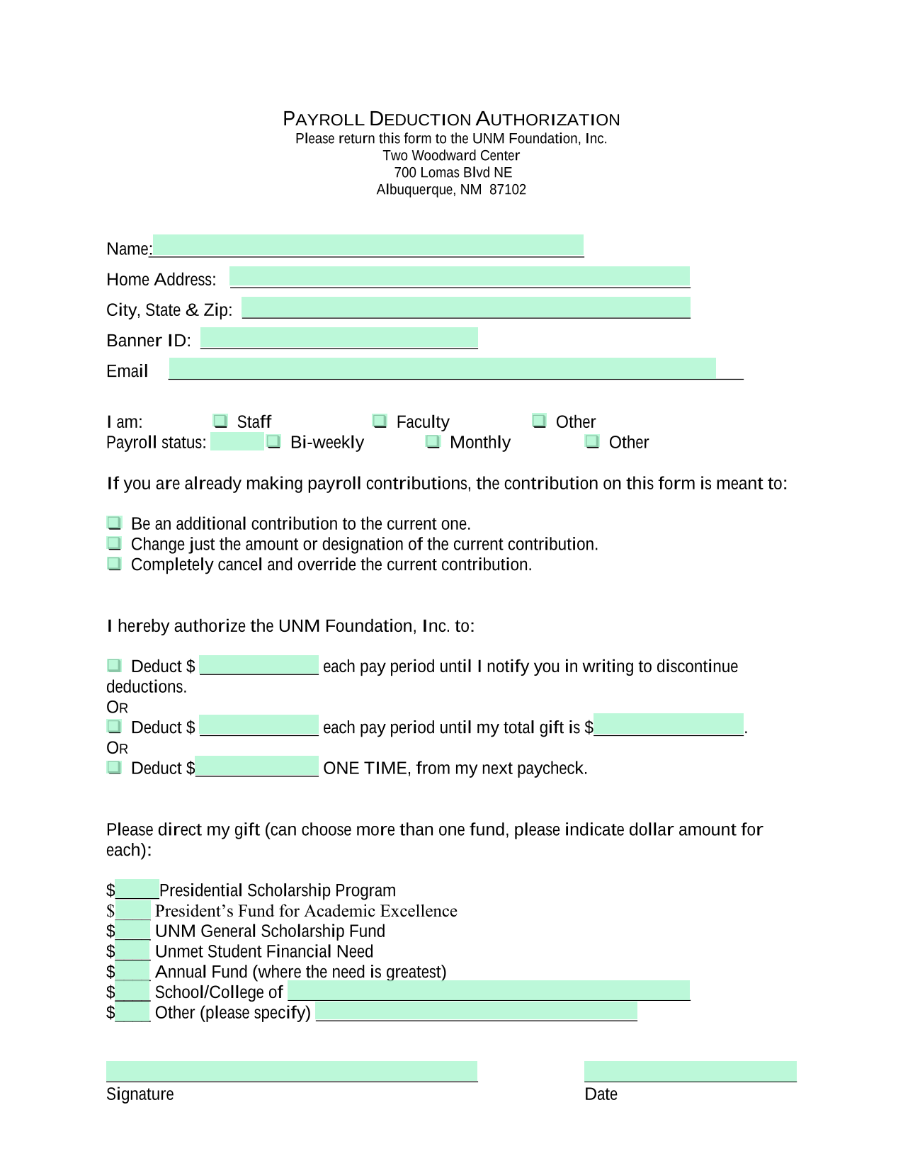 PAYROLL DEDUCTION AUTHORIZATION screenshot