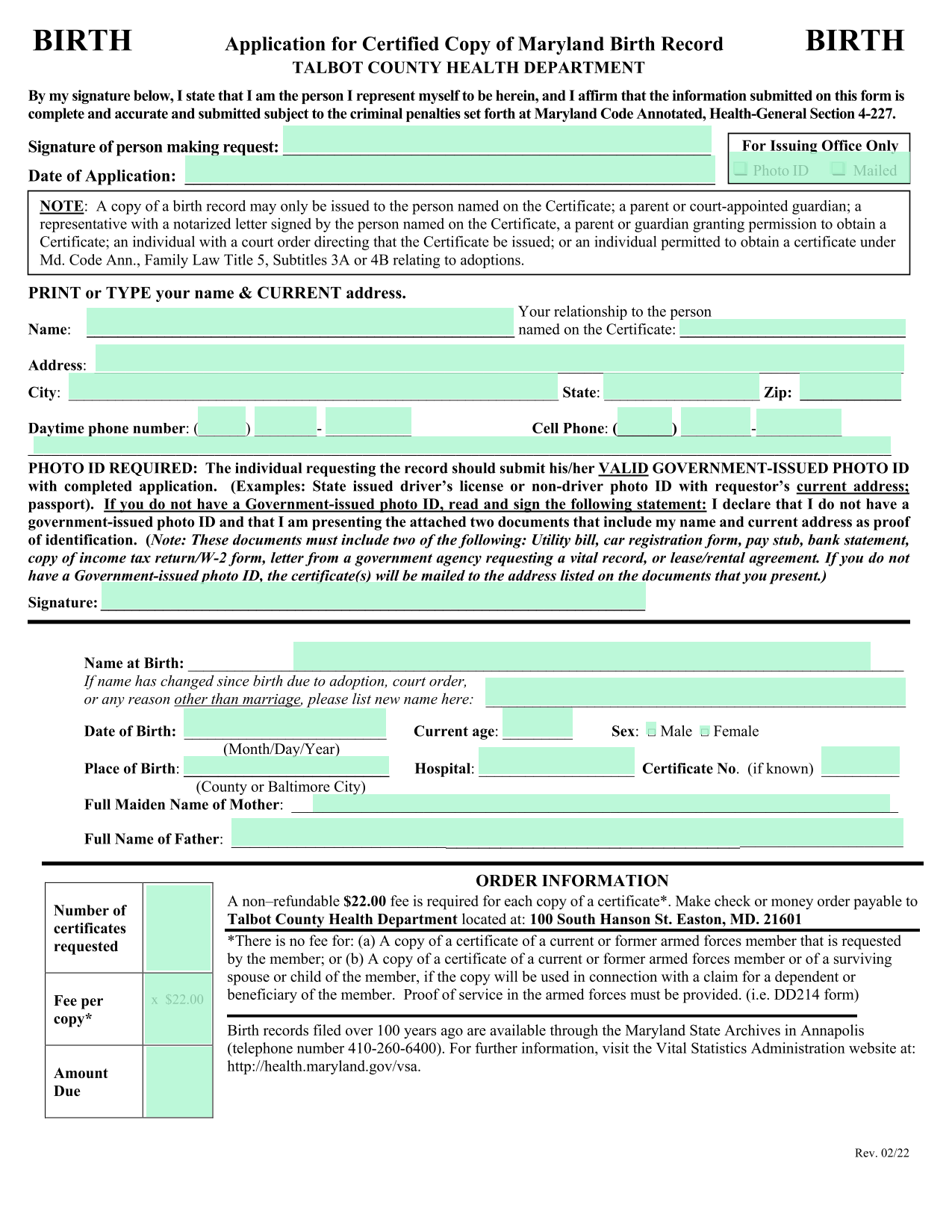 Application For Certified Copy Of Maryland Birth Record screenshot