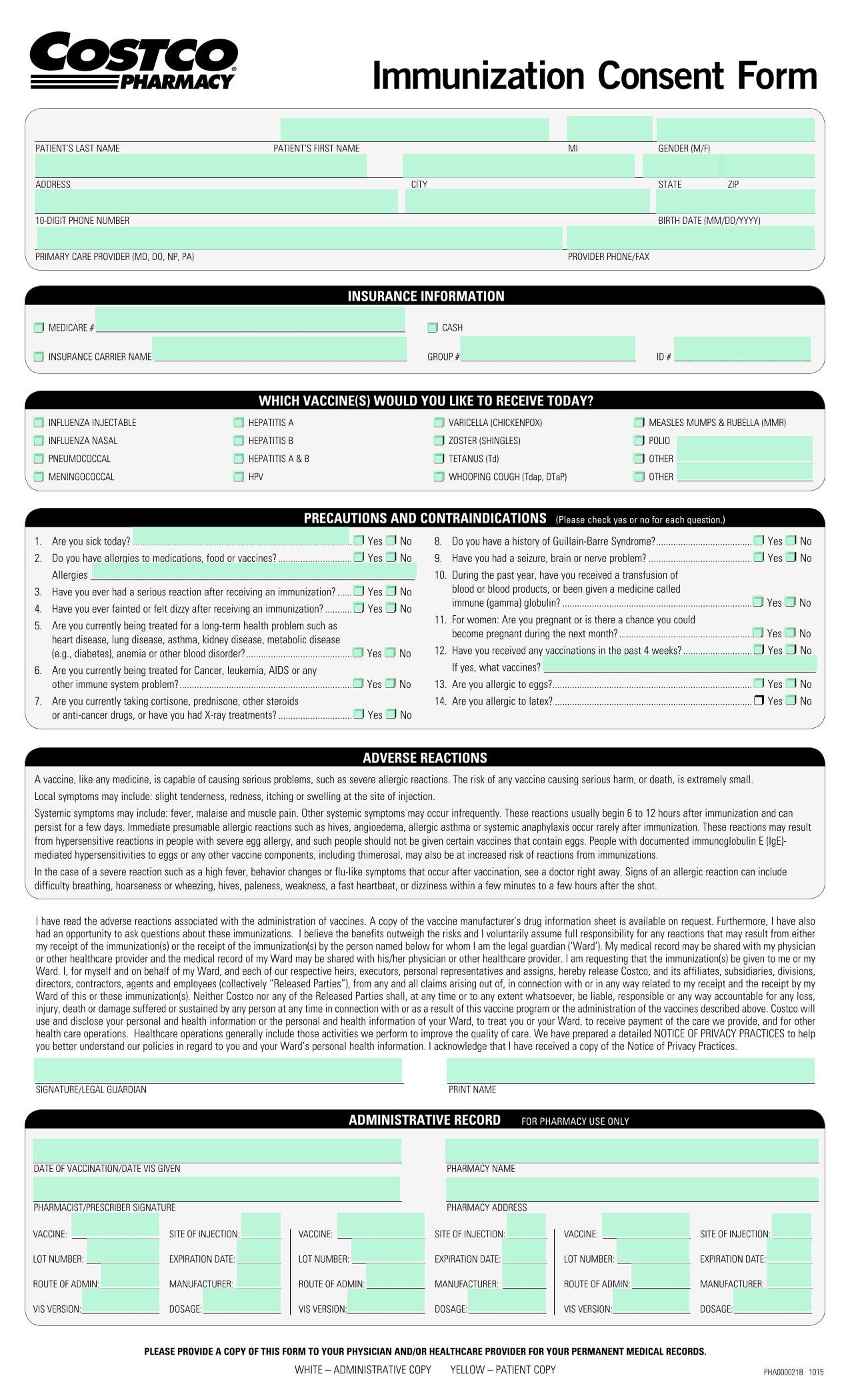 Immunization Consent Form screenshot