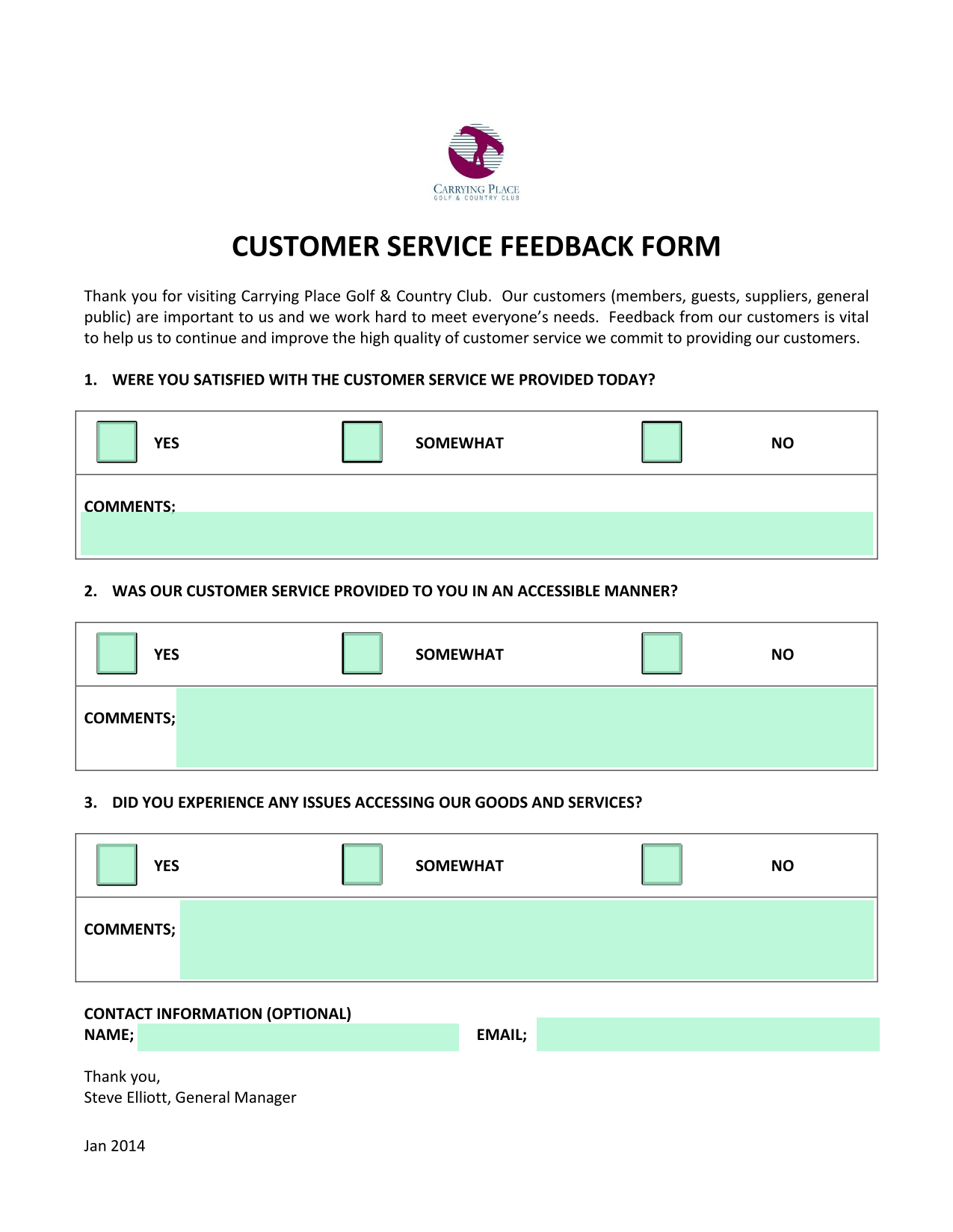CUSTOMER SERVICE FEEDBACK FORM screenshot