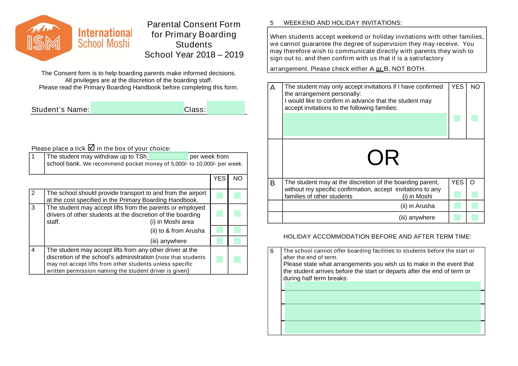 Parental Consent Form For Primary Boarding Students screenshot