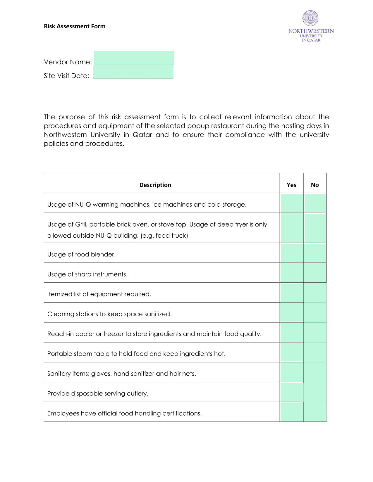 Risk Assessment Form screenshot