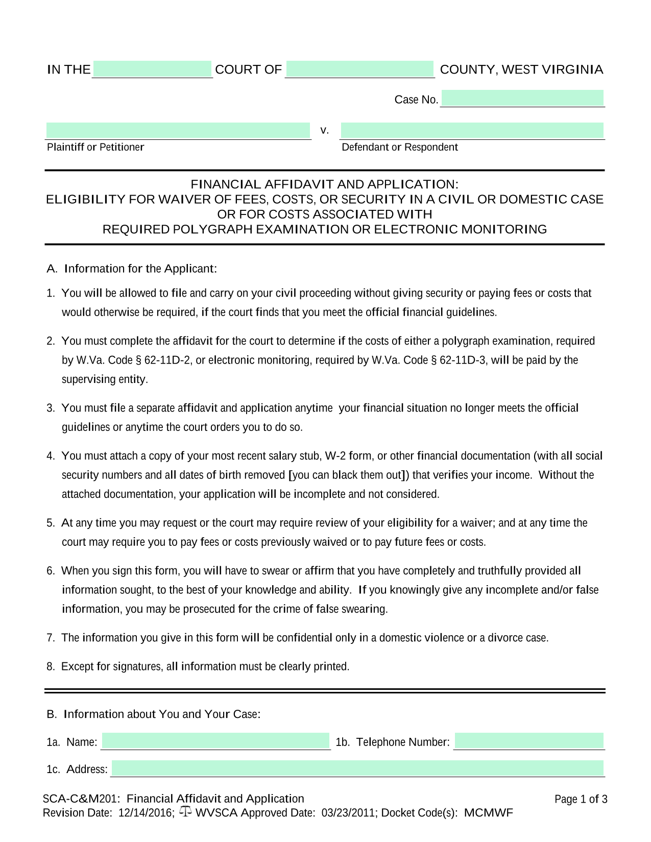 SCA CM201 Financial Affidavit And Application screenshot