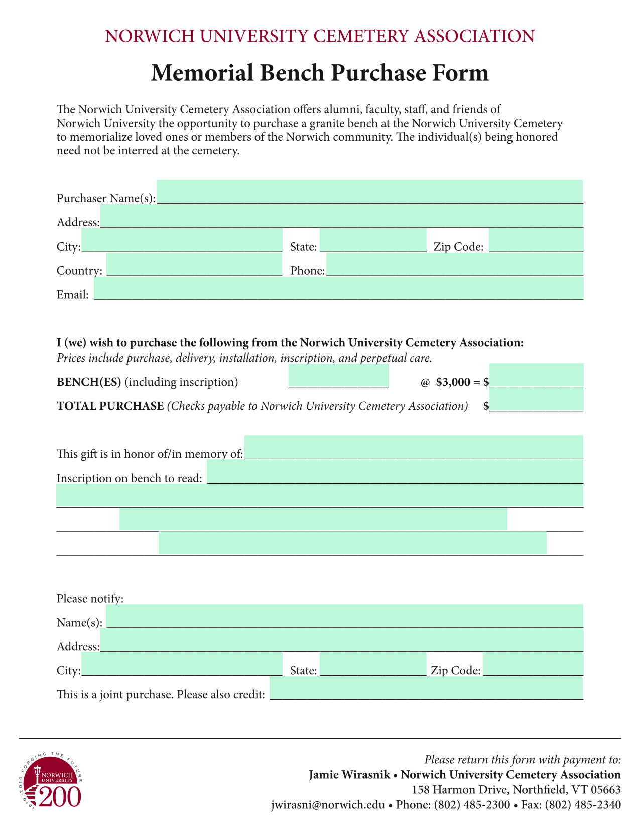 Memorial Bench Purchase Form screenshot