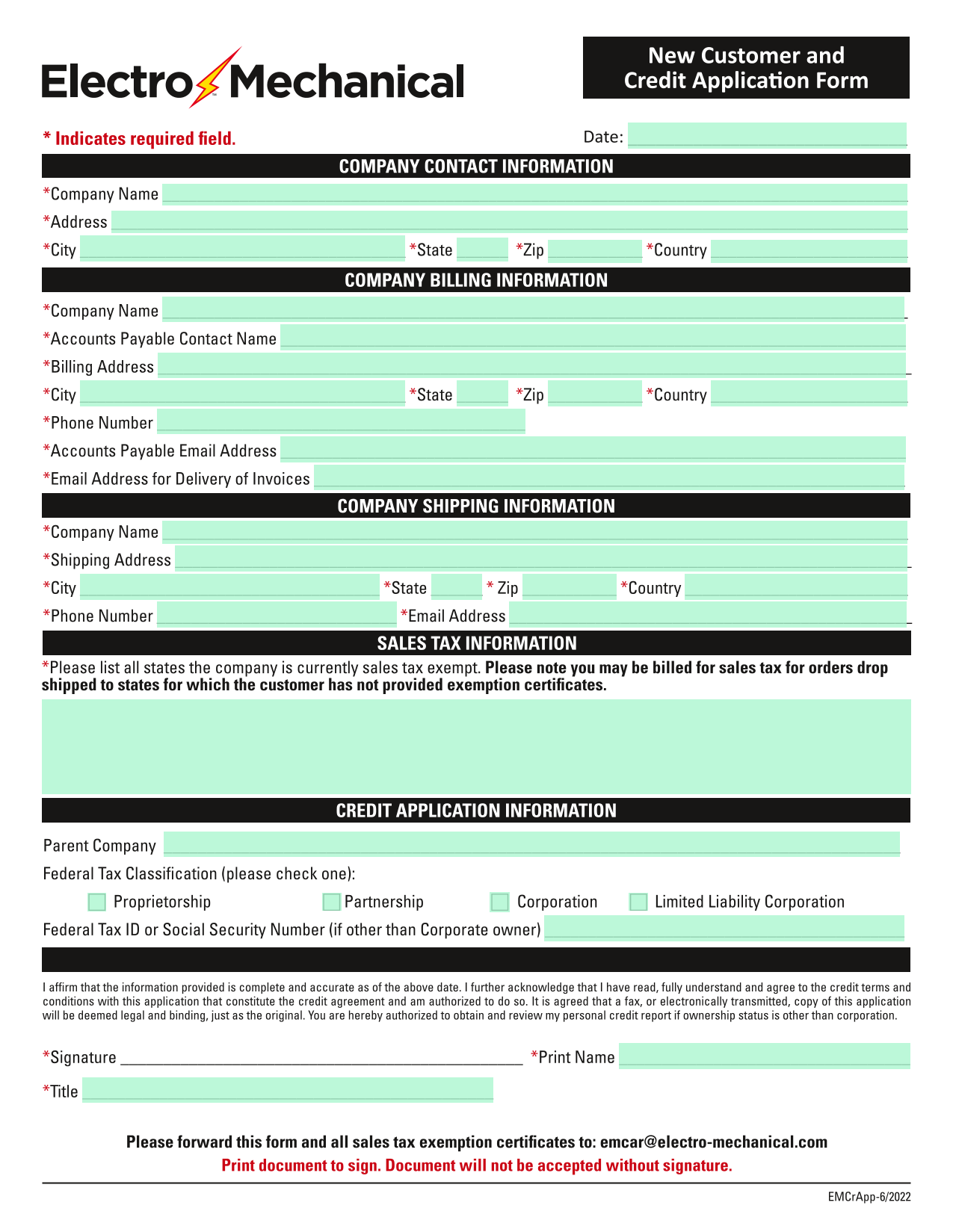 New Customer And Credit Application Form screenshot