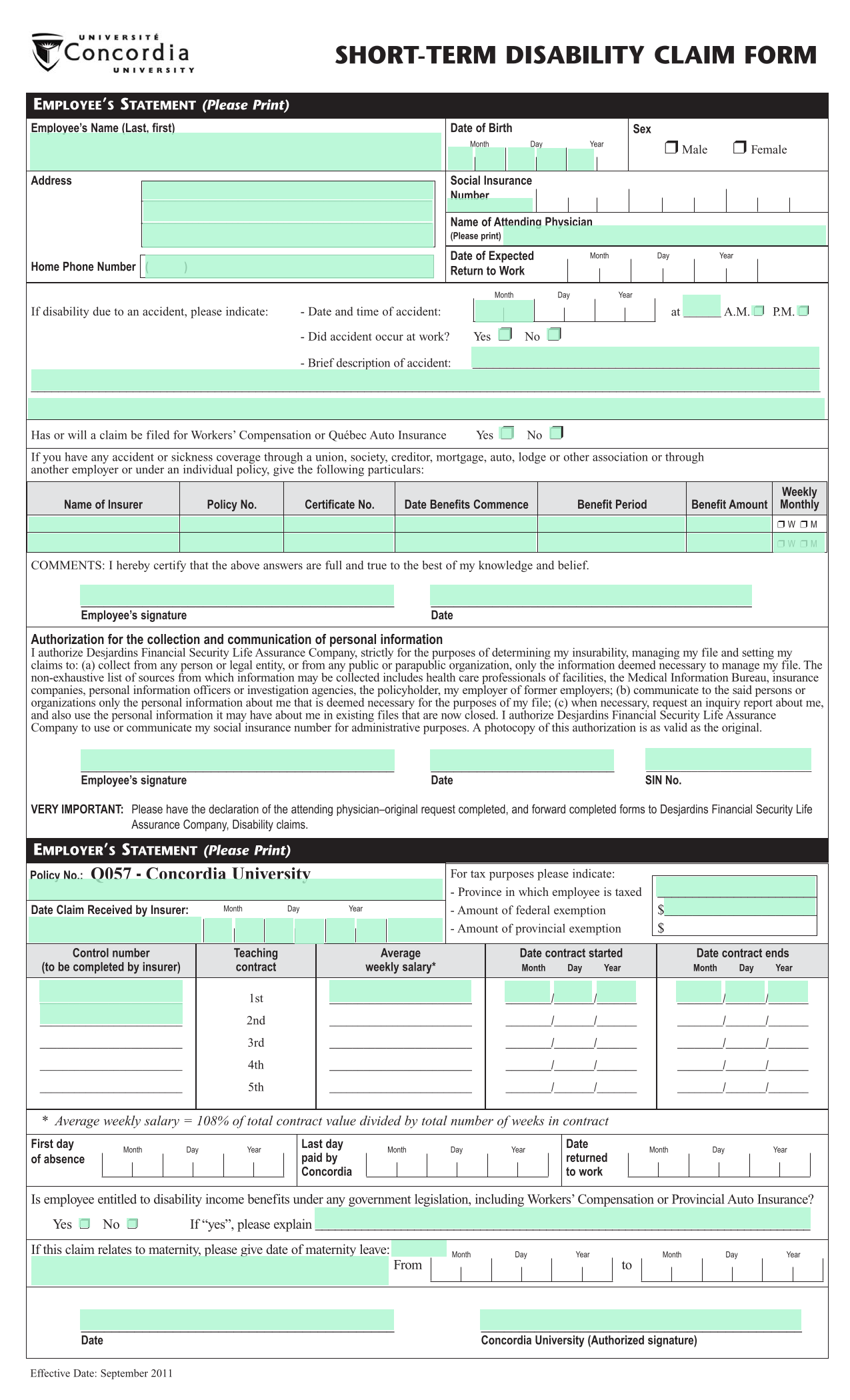 SHORT TERM DISABILITY CLAIM FORM screenshot