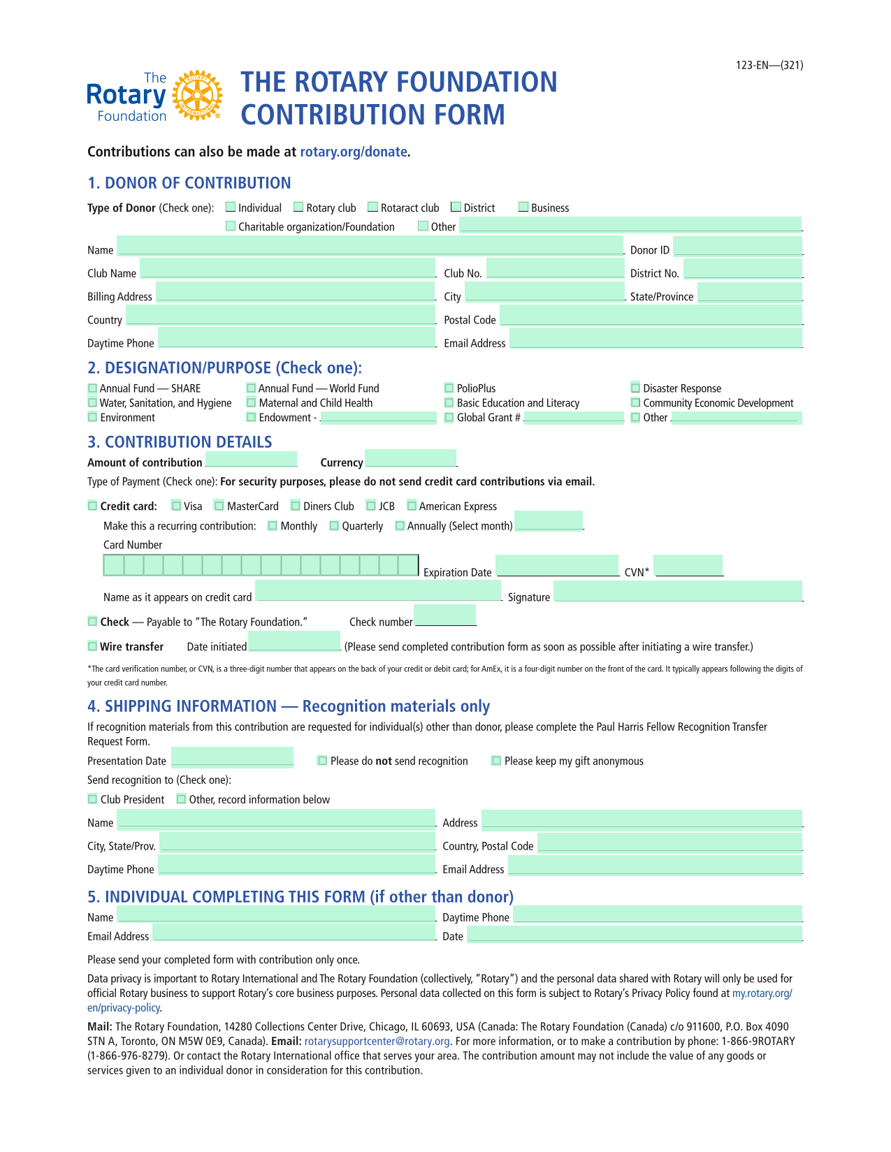 THE ROTARY FOUNDATION CONTRIBUTION FORM screenshot