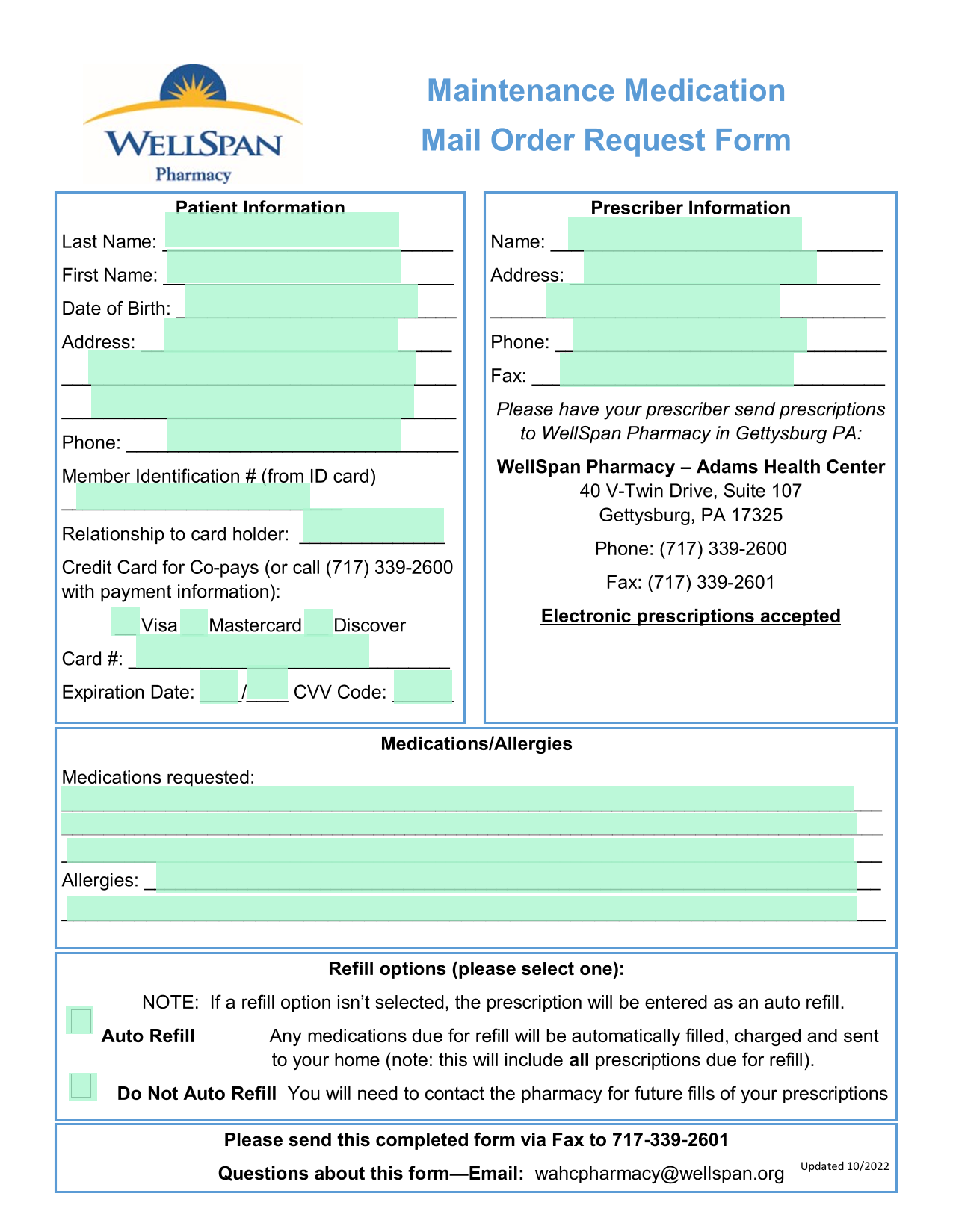 Maintenance Medication Mail Order Request Form screenshot