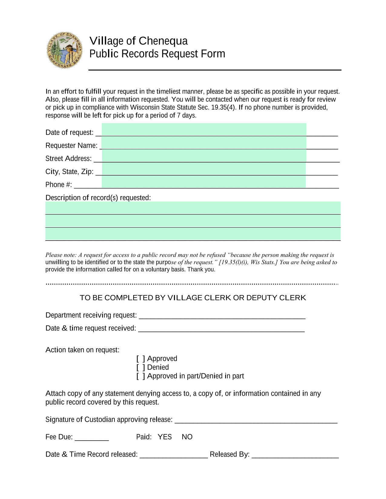 Public Records Request Form screenshot