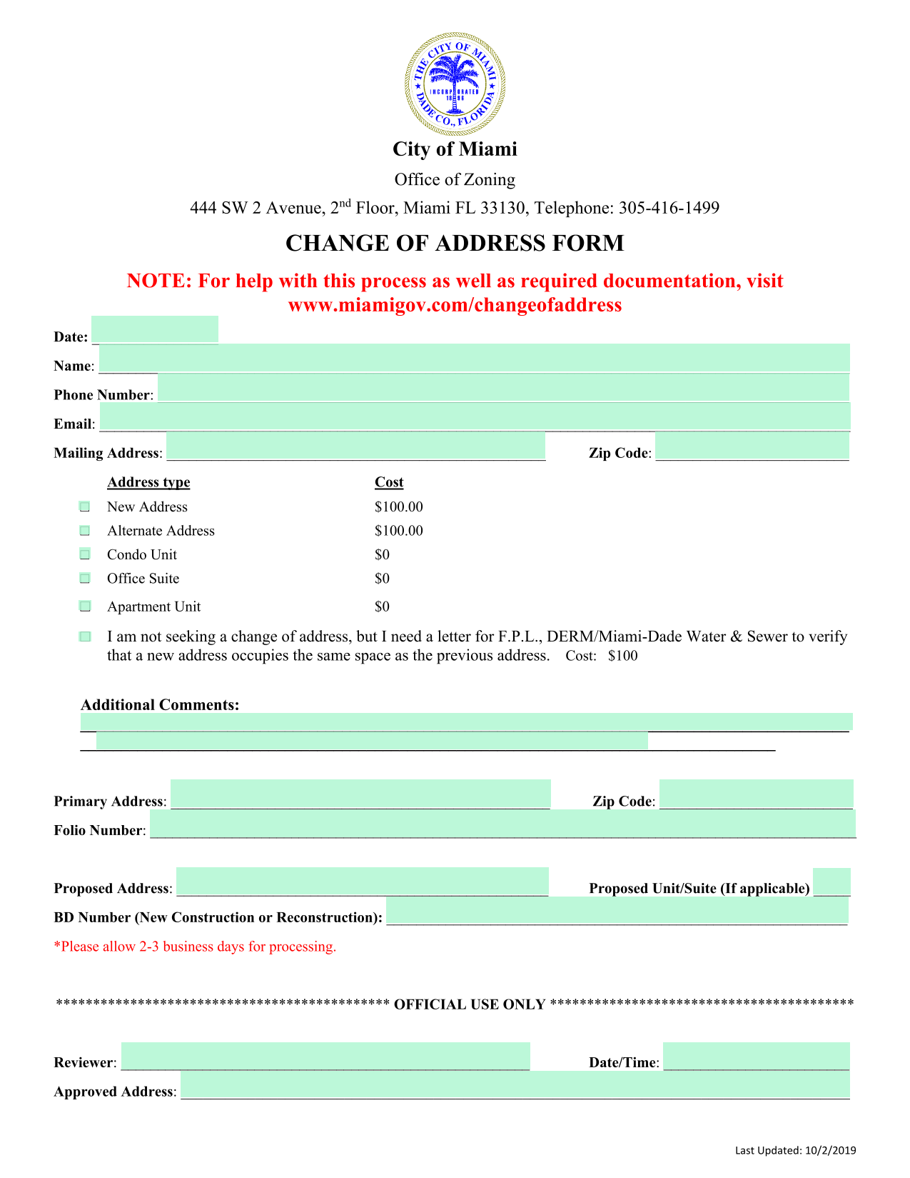 Change Of Address Form screenshot