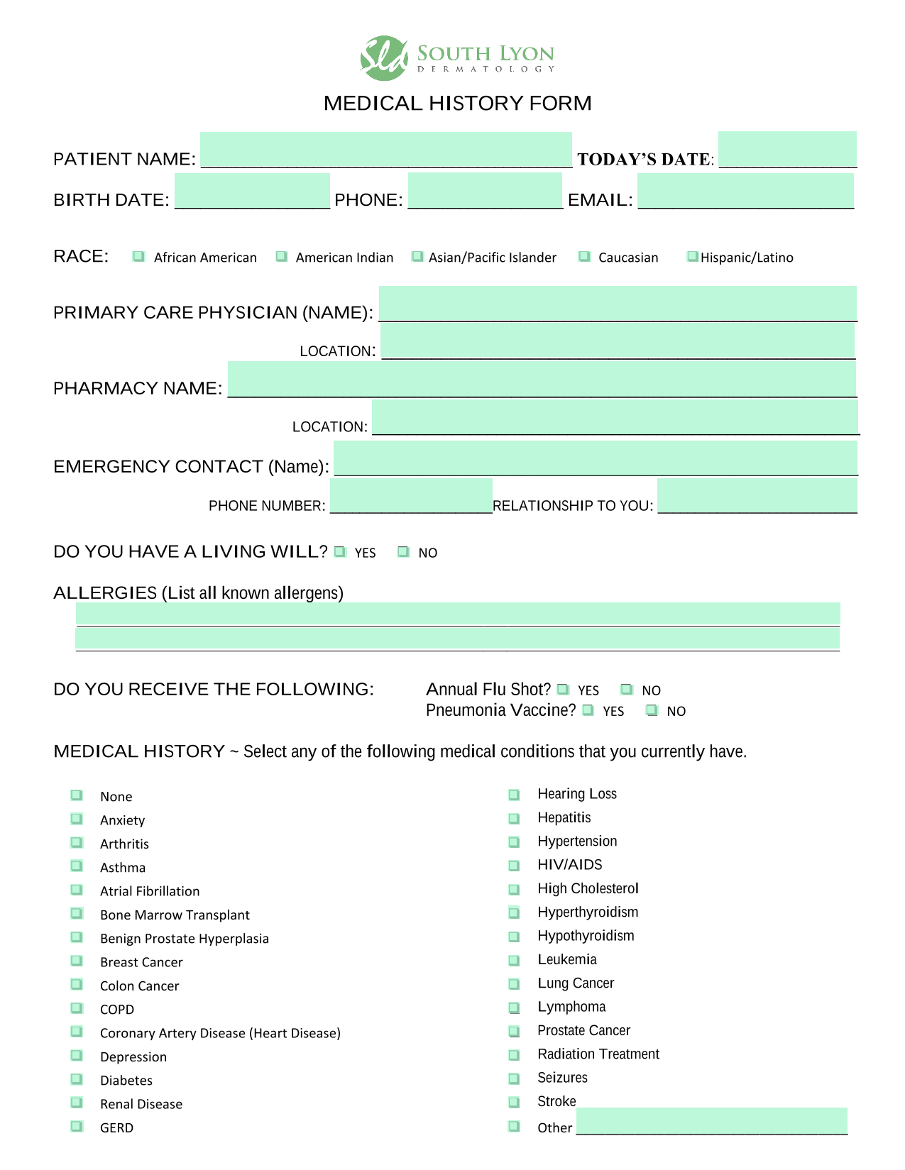 MEDICAL HISTORY FORM screenshot