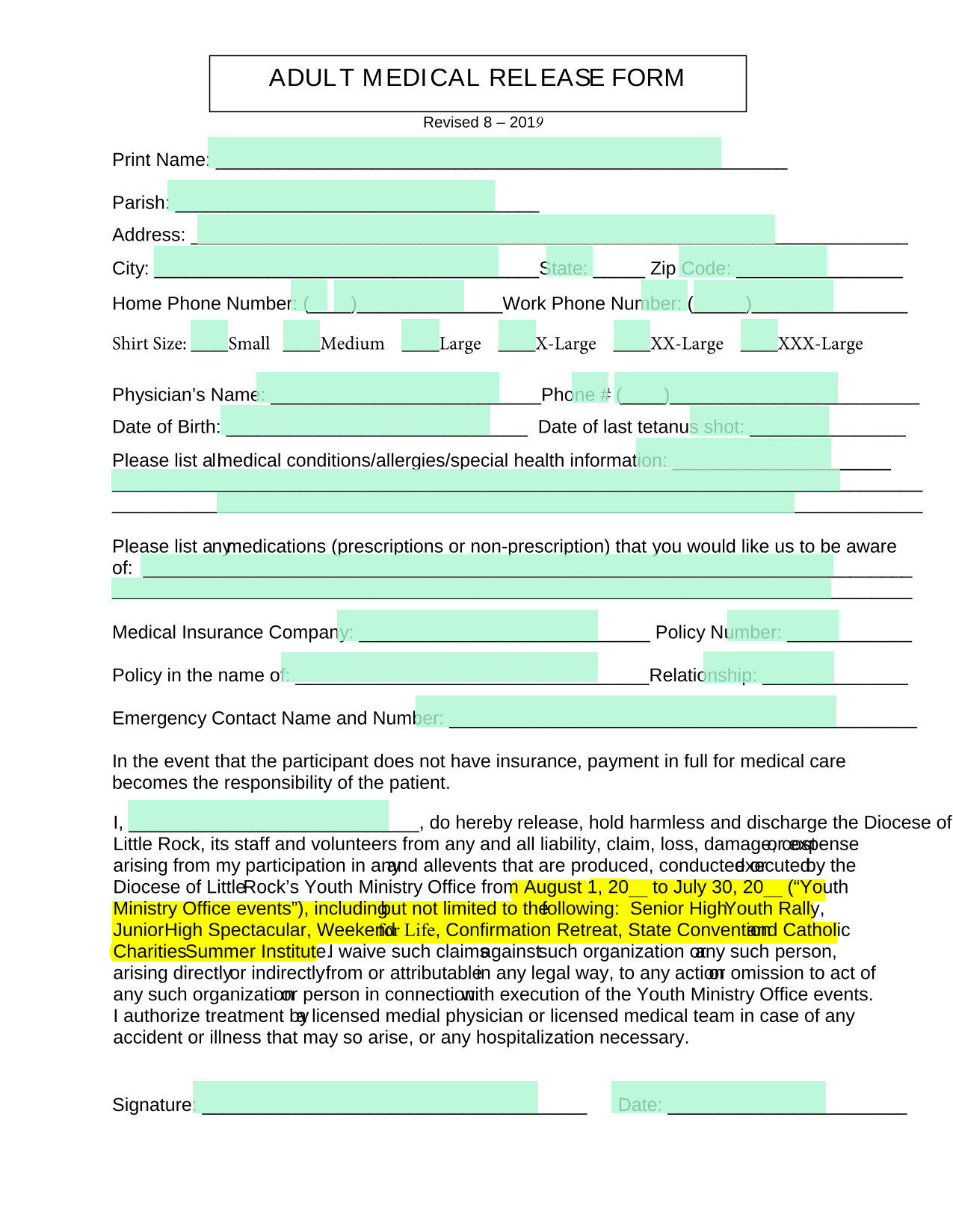 Adult Medical Release Form screenshot