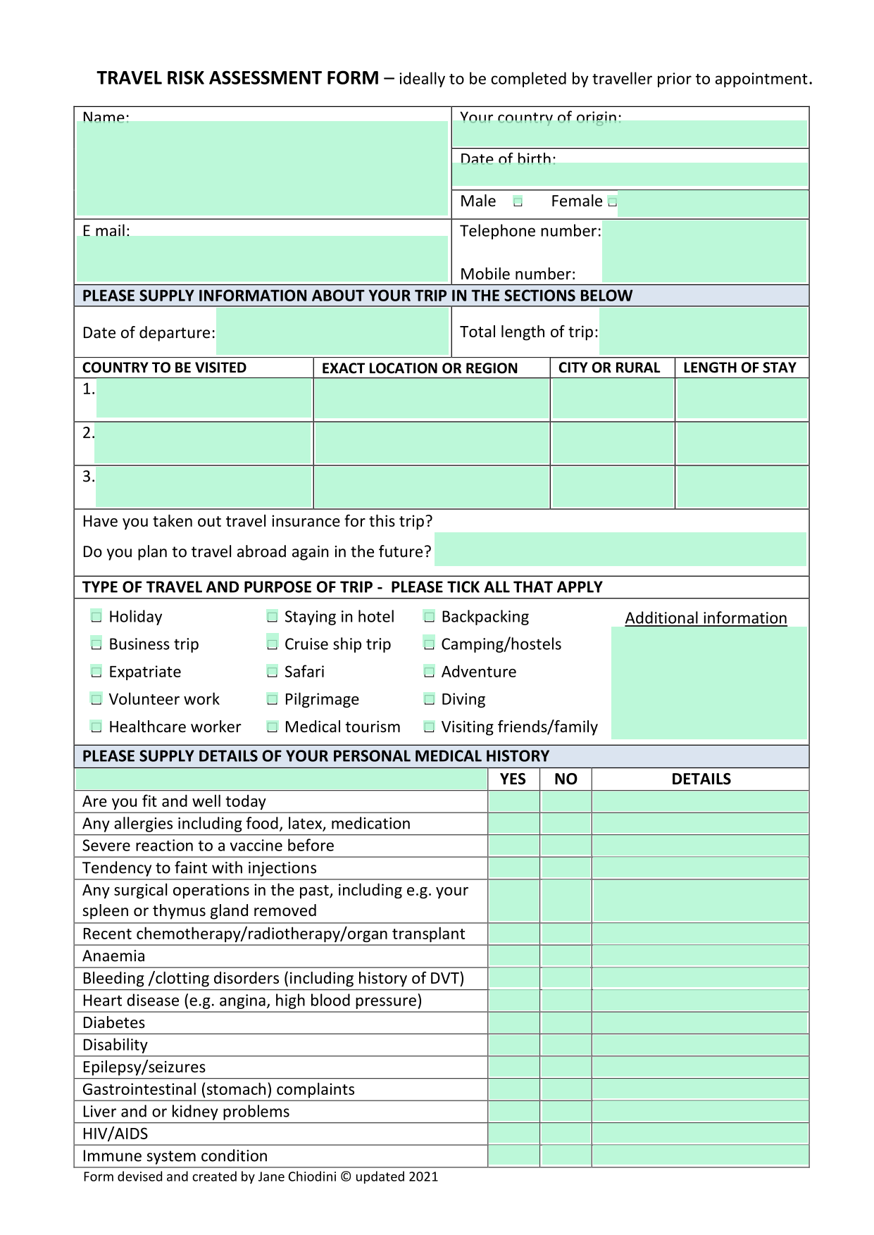 Travel Risk Assessment Form screenshot