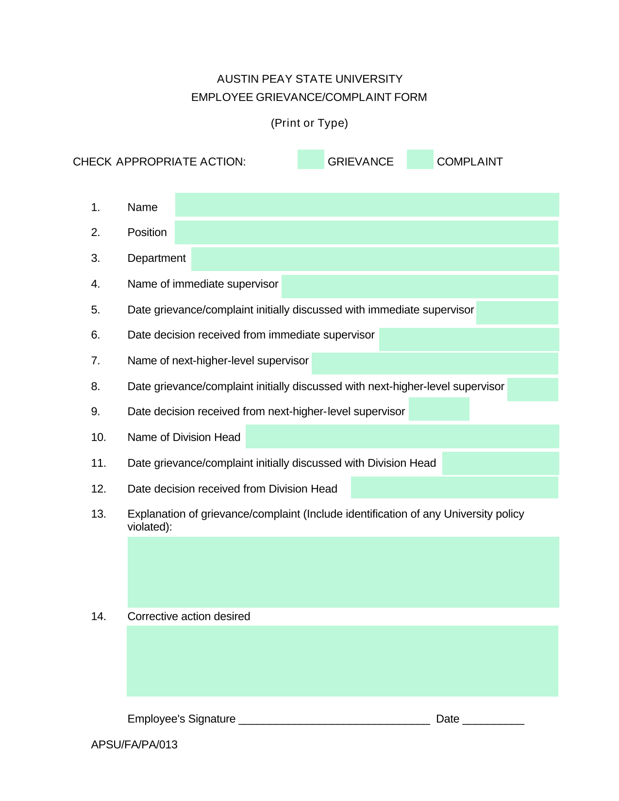 Employee GrievanceComplaint Form screenshot