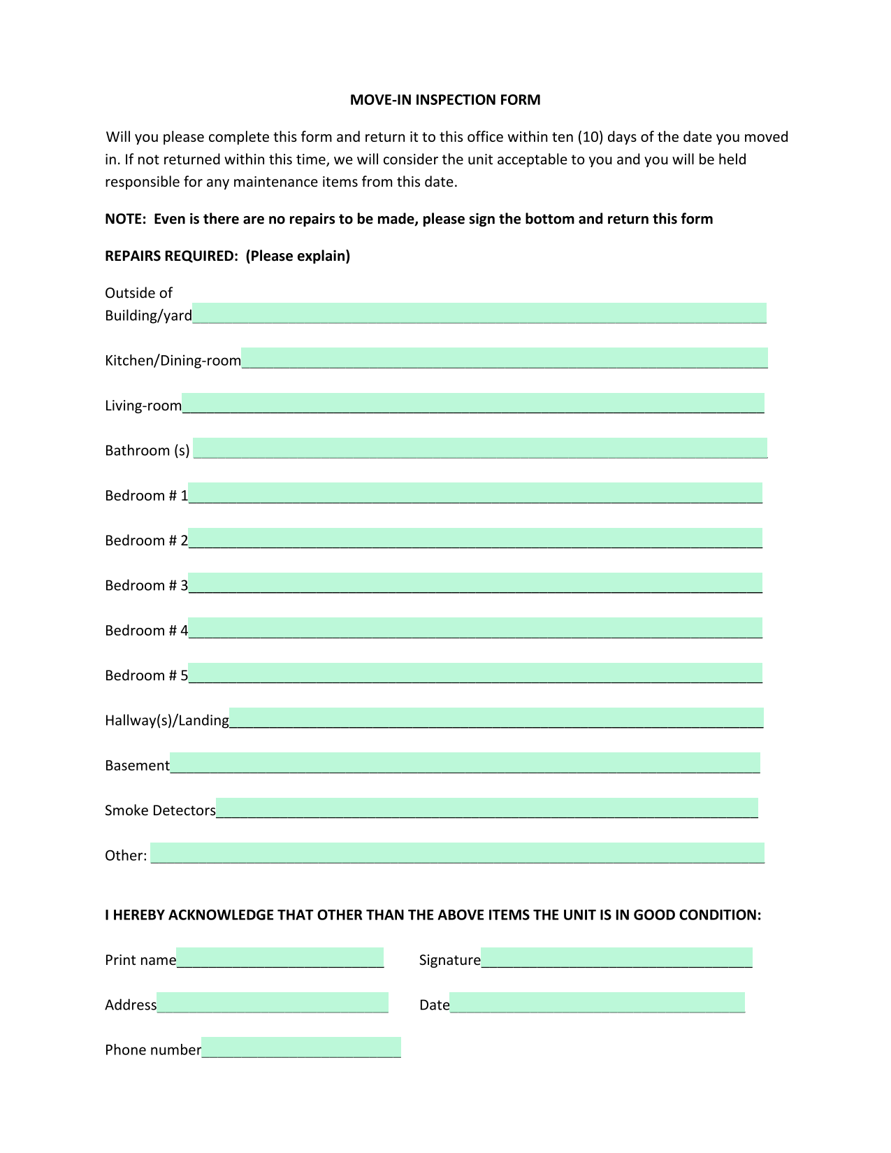 MOVE IN INSPECTION FORM screenshot