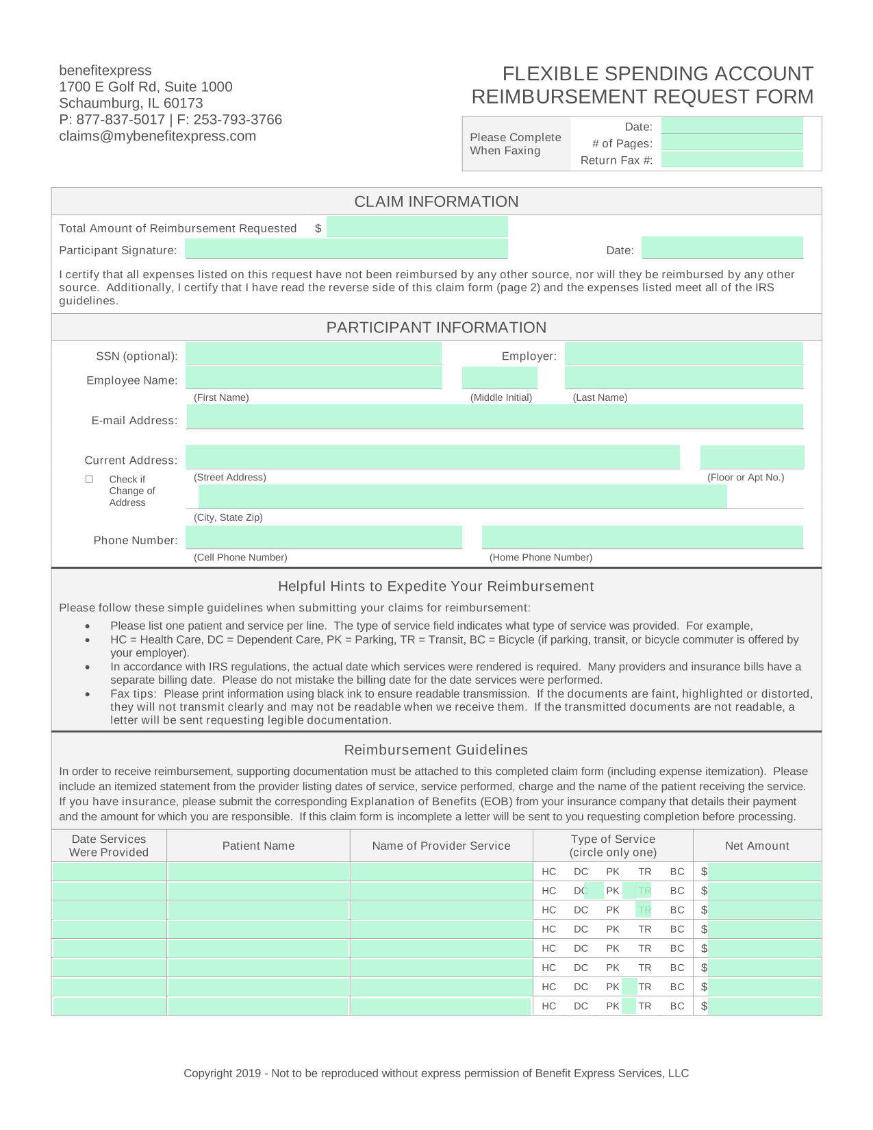 Flexible Spending Account Reimbursement Request Form screenshot