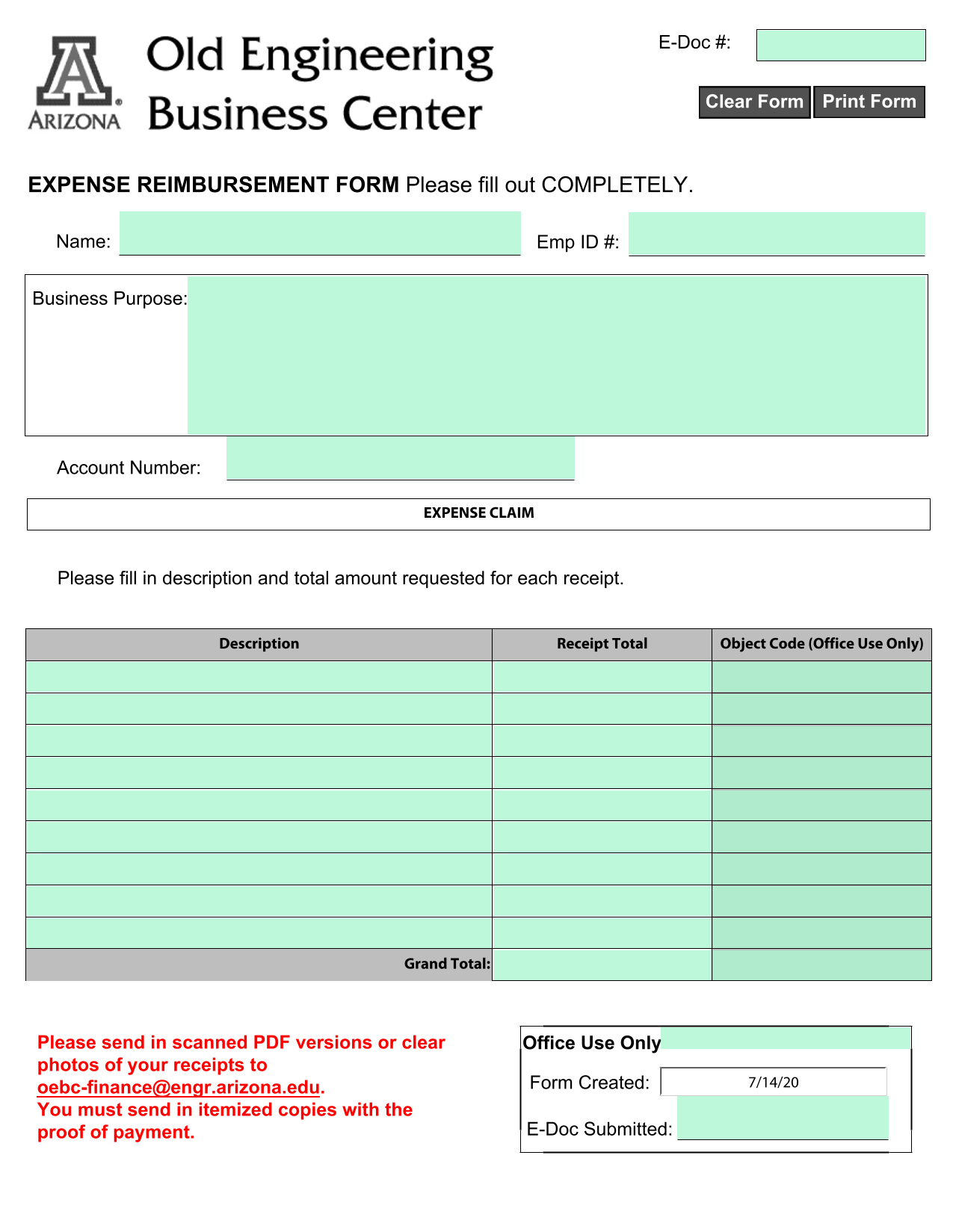 Expense Reimbursement Form screenshot