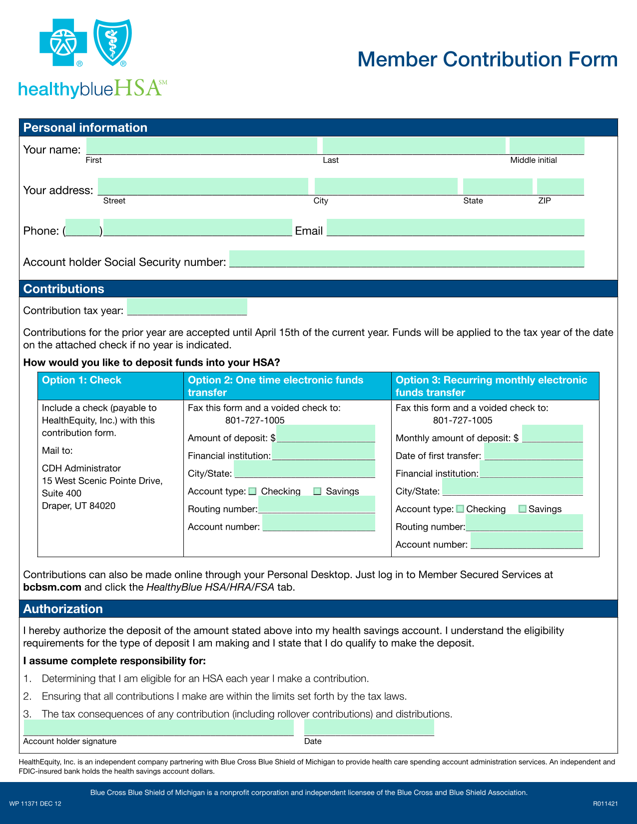Health Savings Account (HSA) Contribution Form screenshot