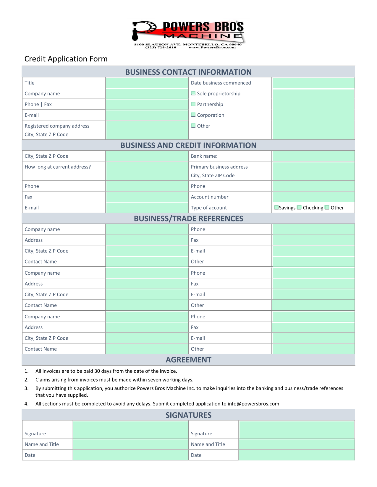 Credit Application Form screenshot