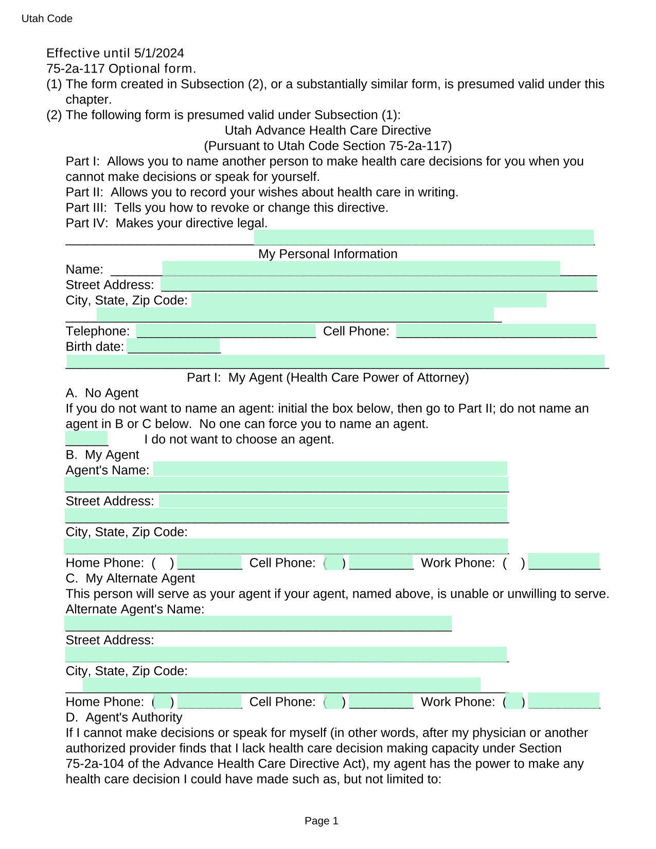 Utah Advance Health Care Directive screenshot
