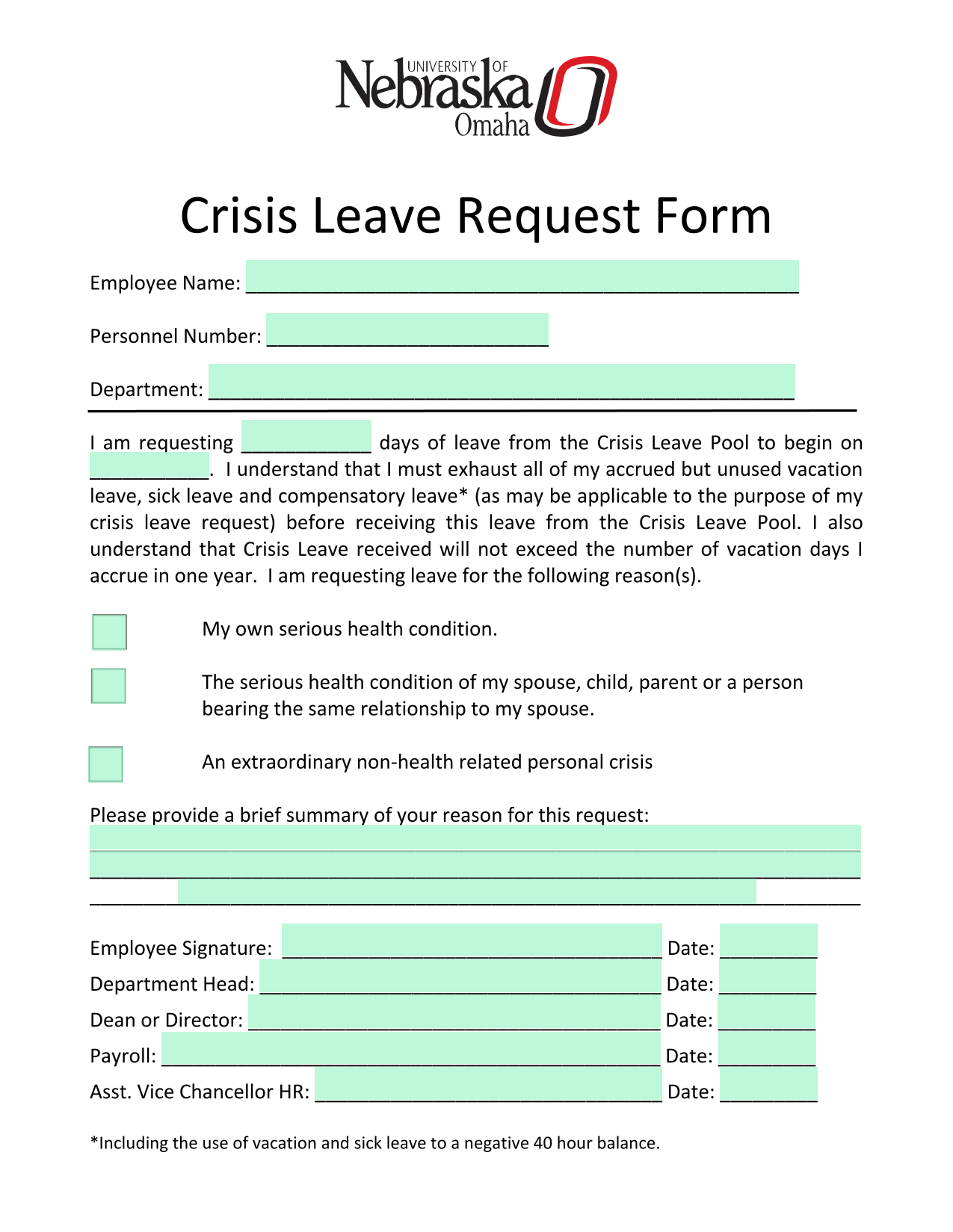 Crisis Leave Request Form screenshot